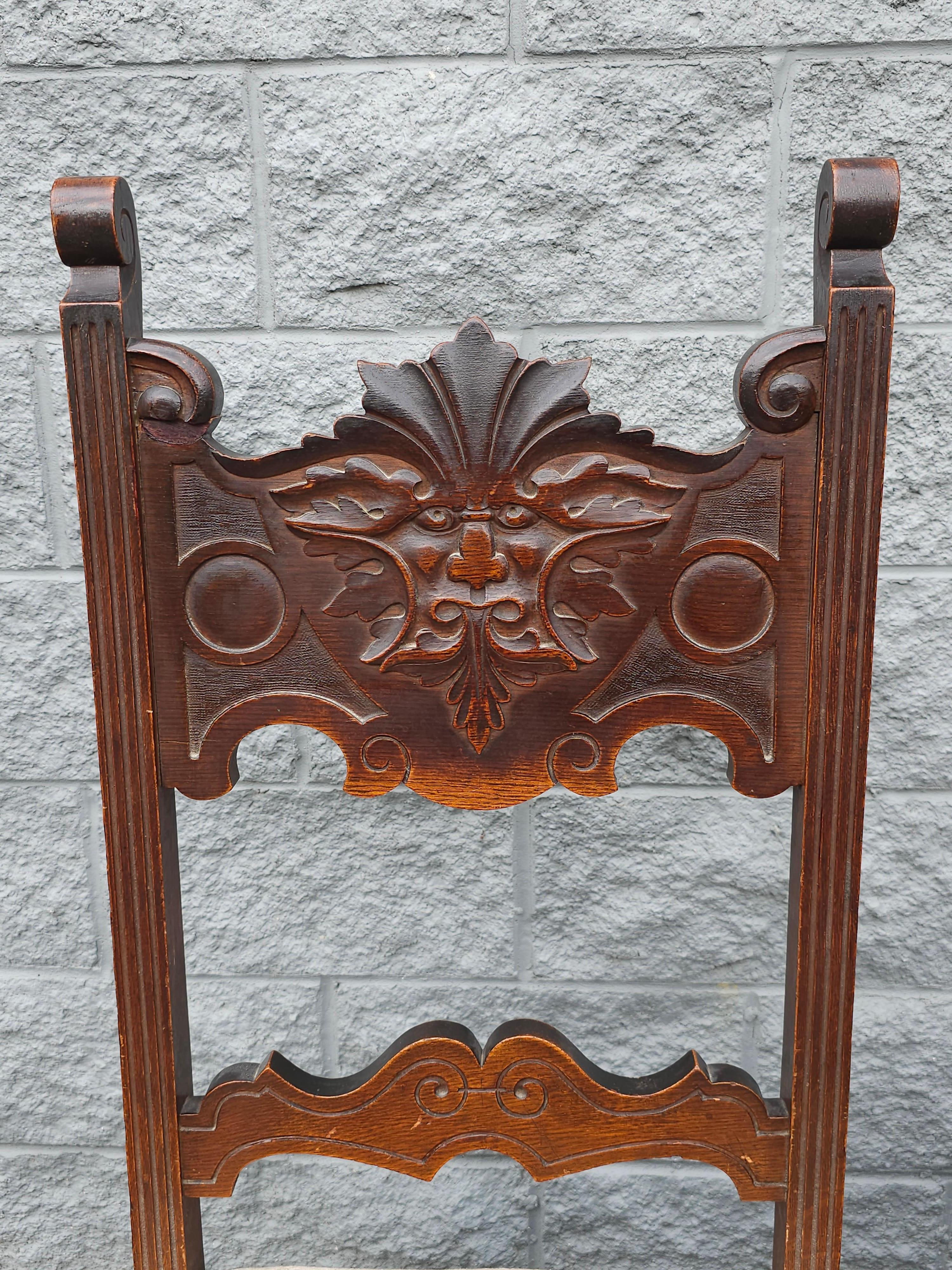 Pair Of Gothic Revival Style Stained Oak Wood And Upholstered Seat Side Chairs For Sale 1