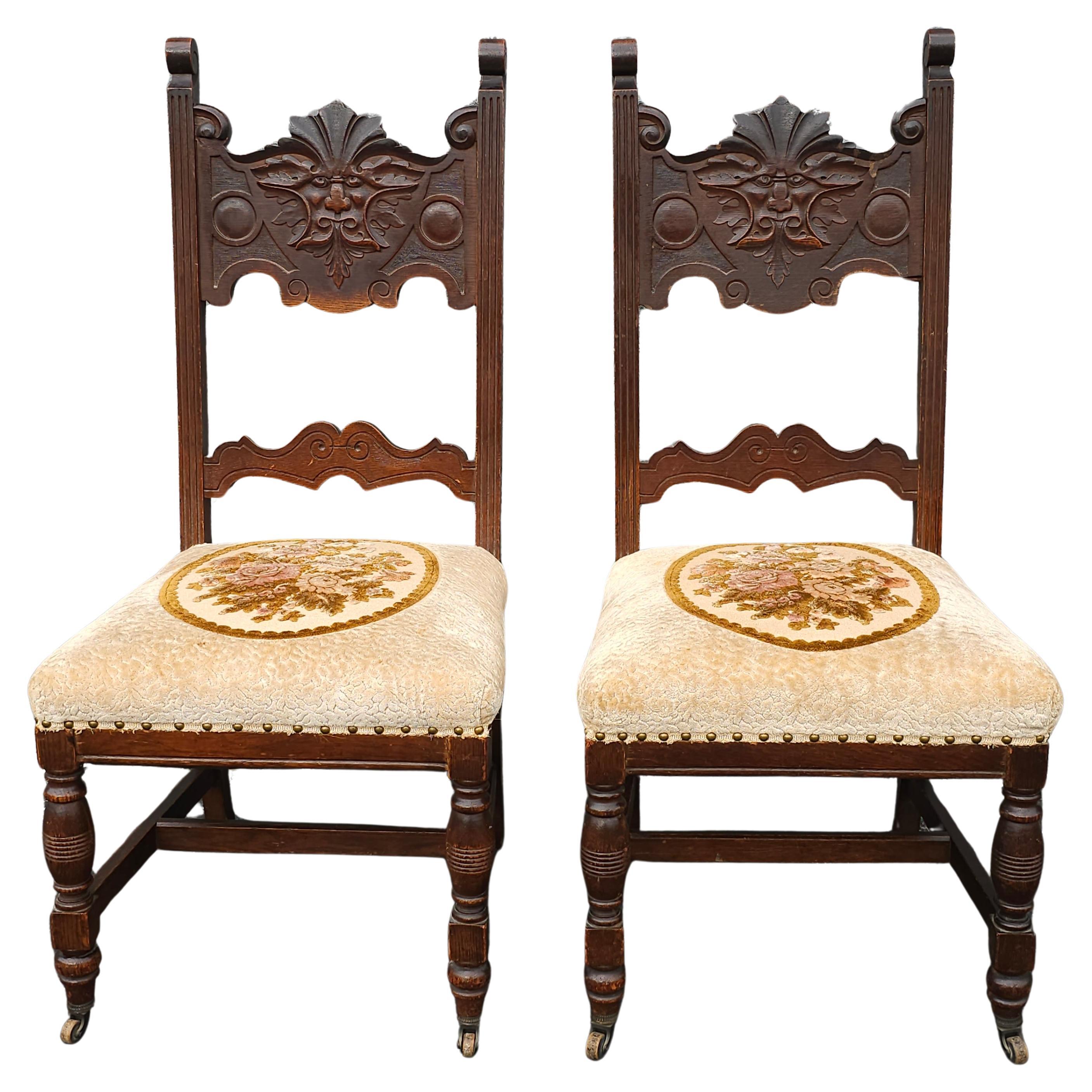 Pair Of Gothic Revival Style Stained Oak Wood And Upholstered Seat Side Chairs For Sale