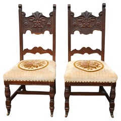 Antique Pair Of Gothic Revival Style Stained Oak Wood And Upholstered Seat Side Chairs