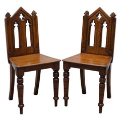 Pair of Gothic Revival Victorian Steeple Arc Back Halls Occasional Chairs Pugin