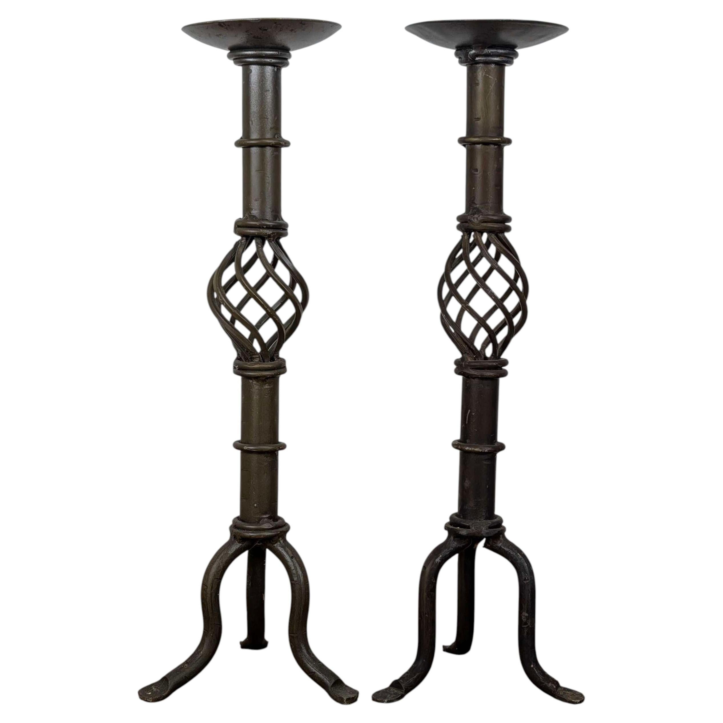 Pair of Gothic Revival Wrought Iron Candlesticks For Sale