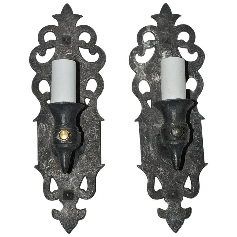 Pair of Gothic Style Antique Cast Iron Sconces For Sale