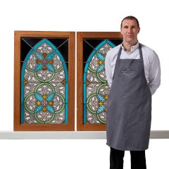 Pair of Gothic Style Arched Stained Glass in Wooden Frames