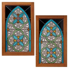 Pair of Gothic Style Arched Stained Glass in Wooden Frames