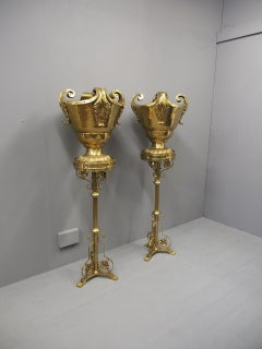Pair of Gothic Style Cast Brass Stands and Urns