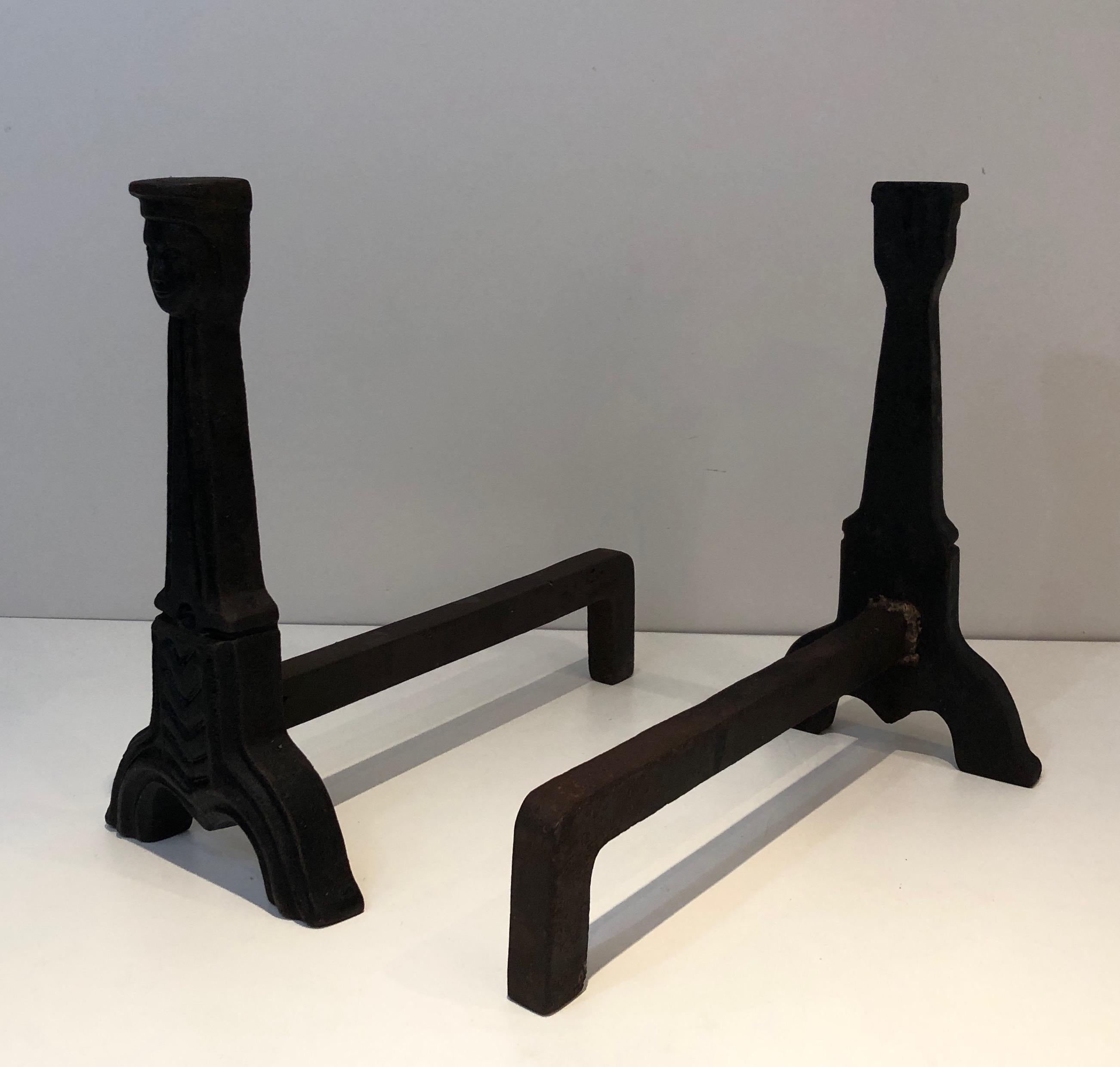 Pair of Gothic Style Cast Iron Andirons, French, circa 1950 7