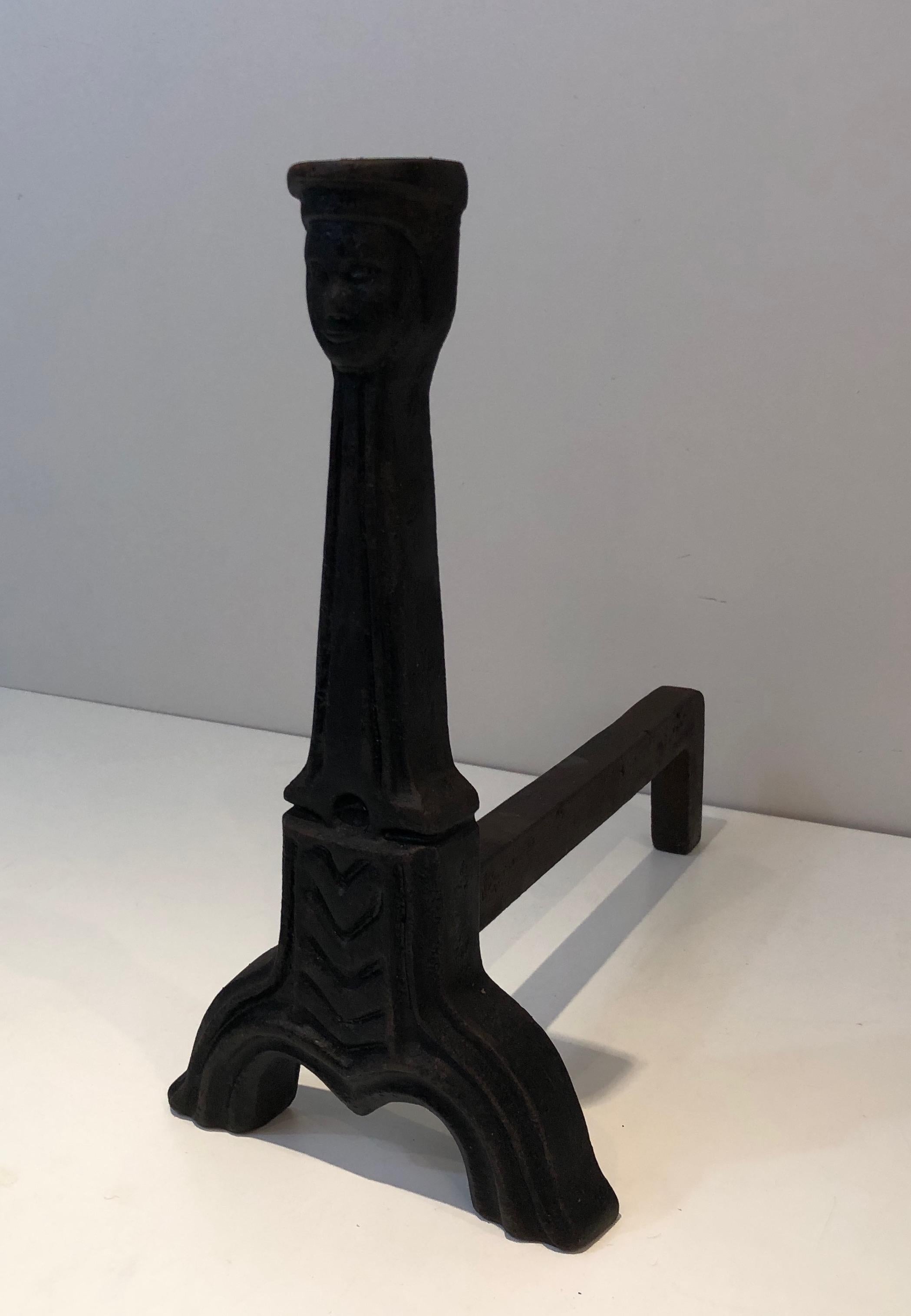 Pair of Gothic Style Cast Iron Andirons, French, circa 1950 10