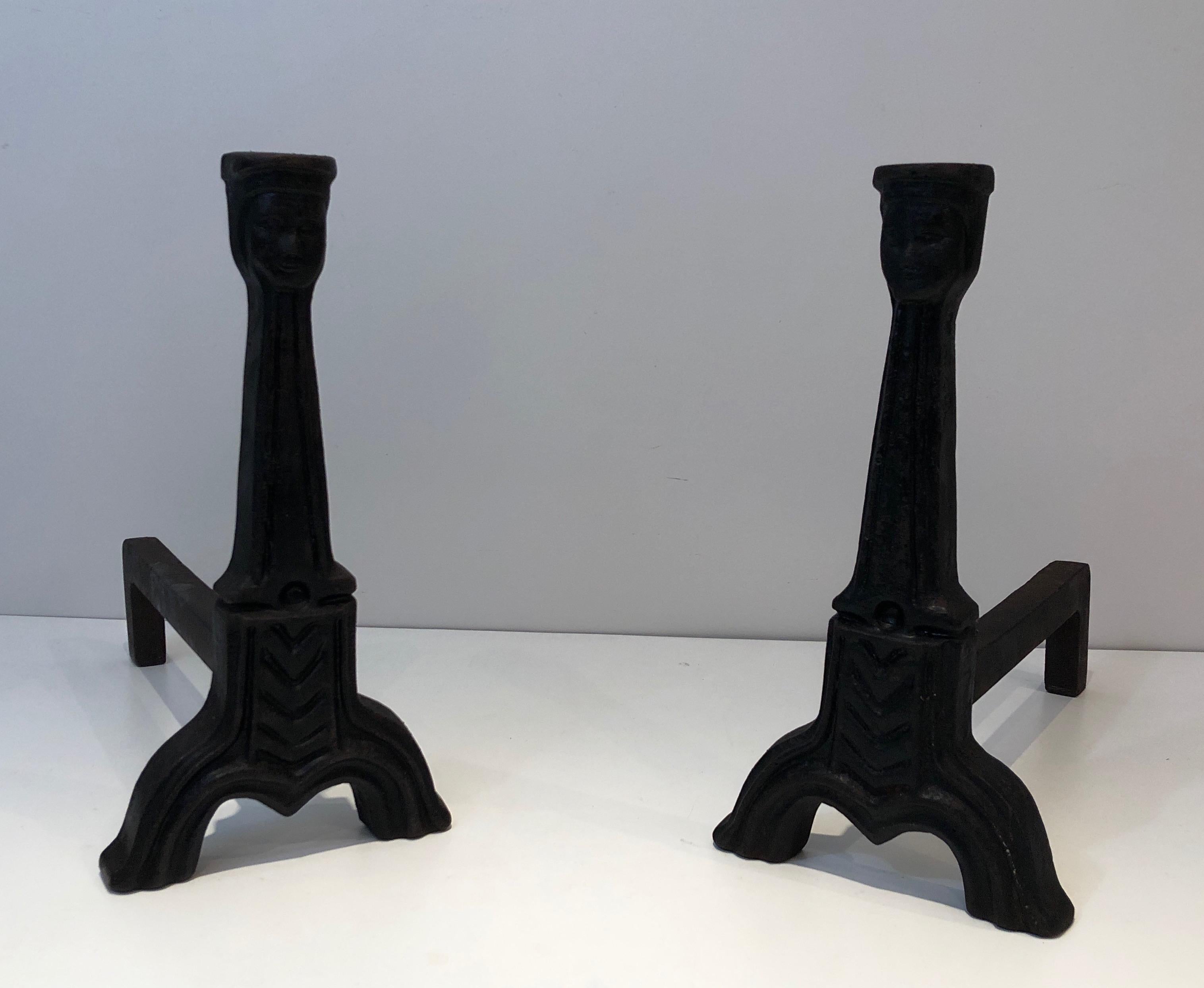 Pair of Gothic Style Cast Iron Andirons, French, circa 1950 14