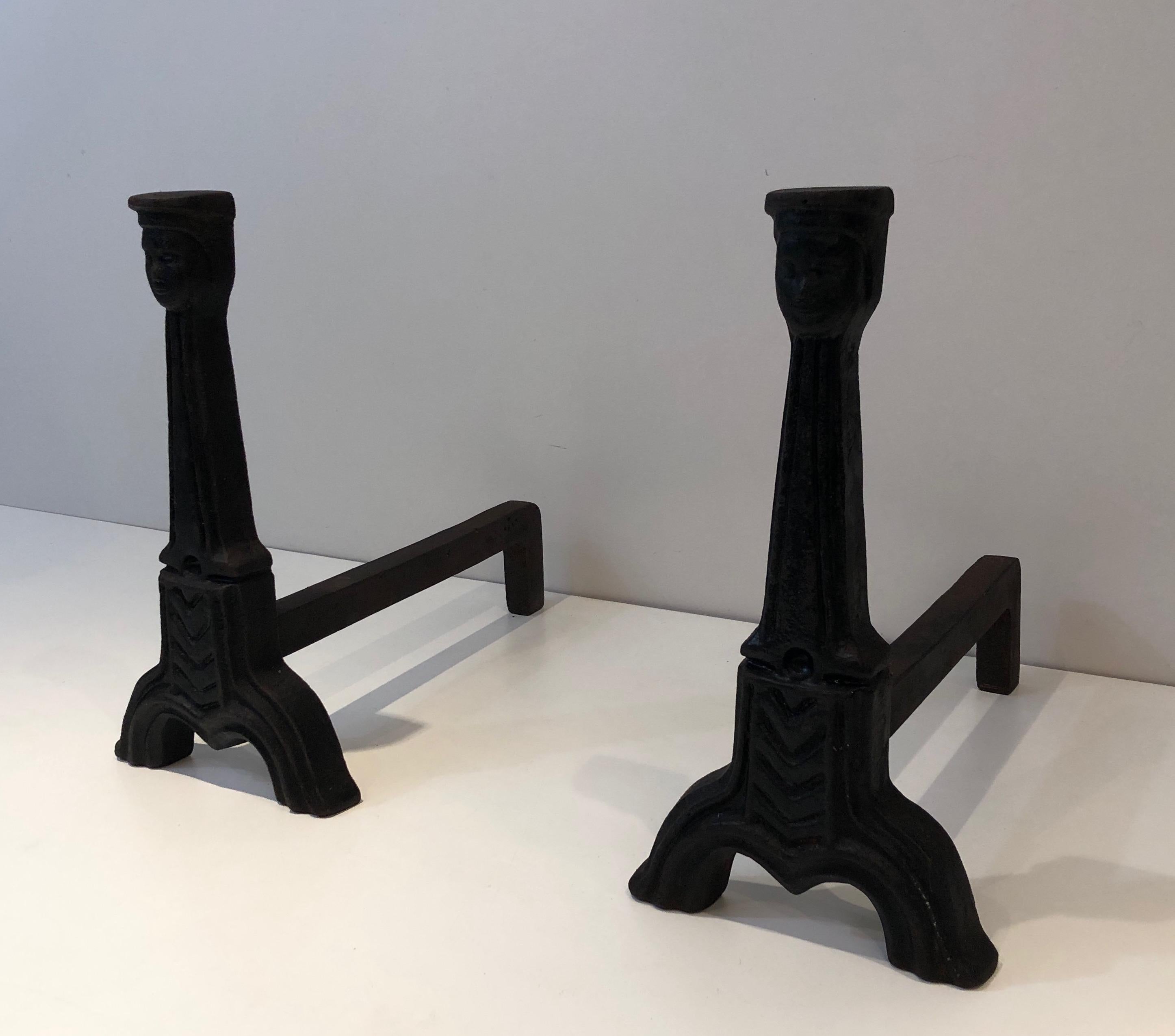 Pair of Gothic Style Cast Iron Andirons, French, circa 1950 15