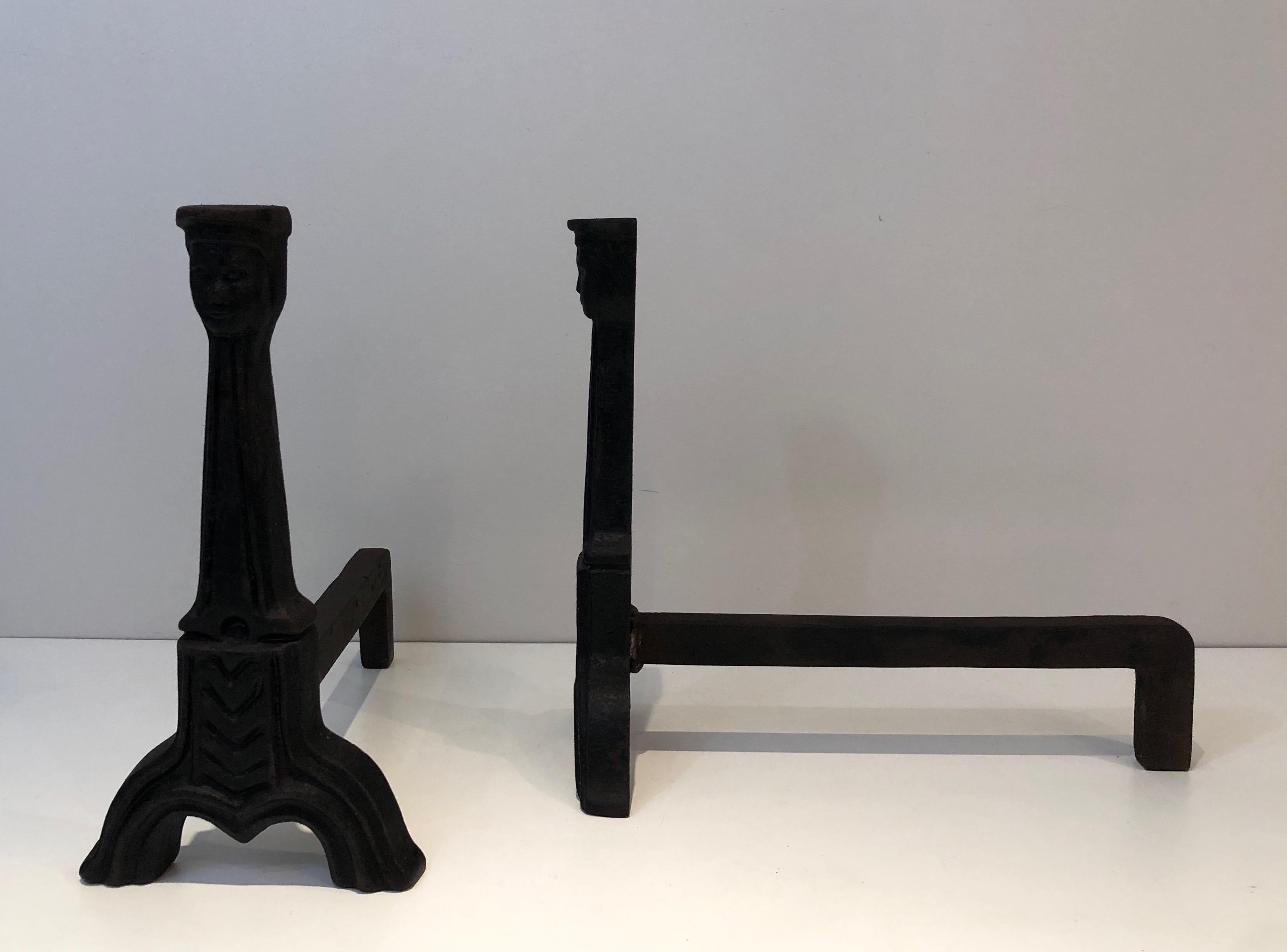 Pair of Gothic Style Cast Iron Andirons, French, circa 1950 In Good Condition In Marcq-en-Barœul, Hauts-de-France