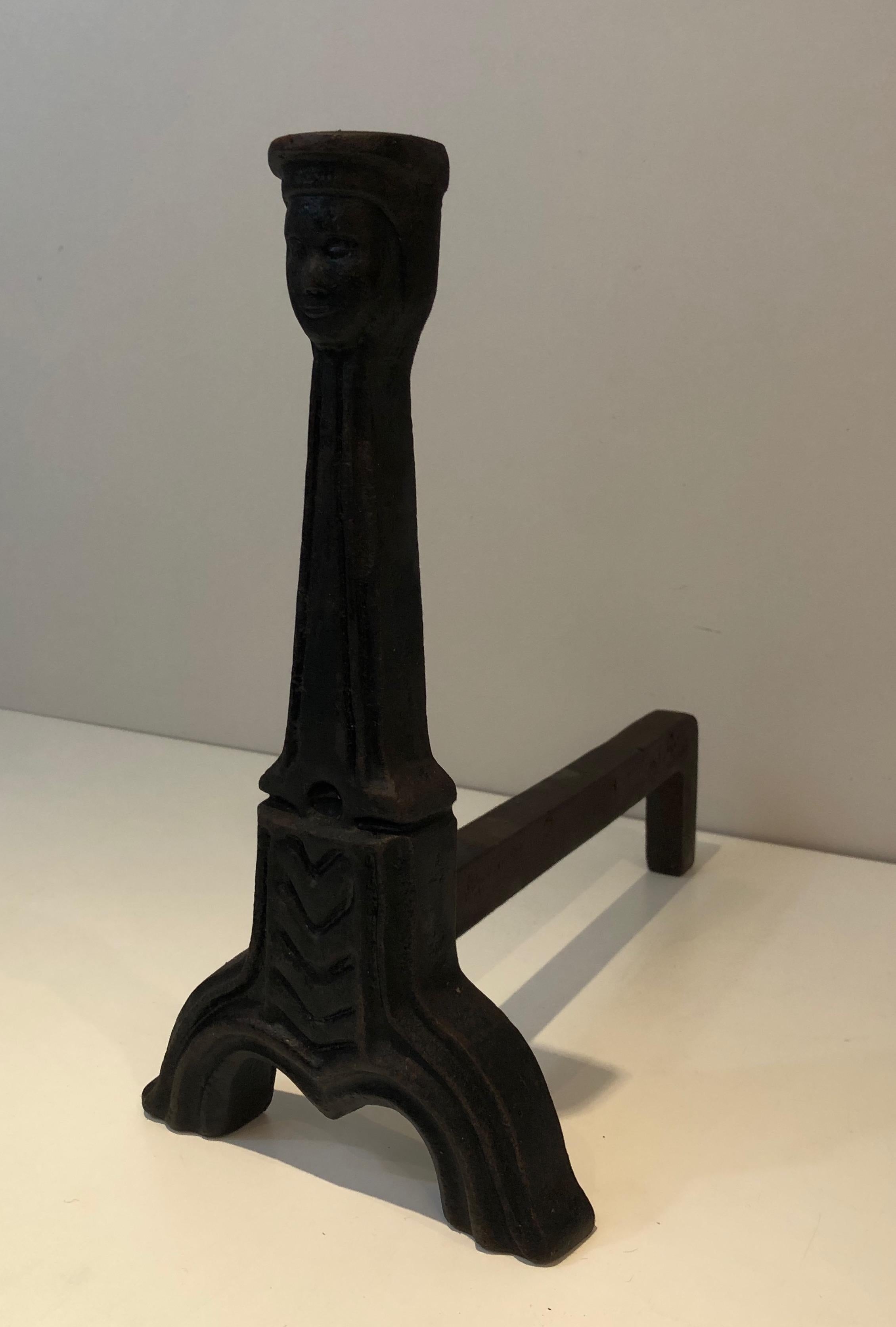 Mid-20th Century Pair of Gothic Style Cast Iron Andirons, French, circa 1950