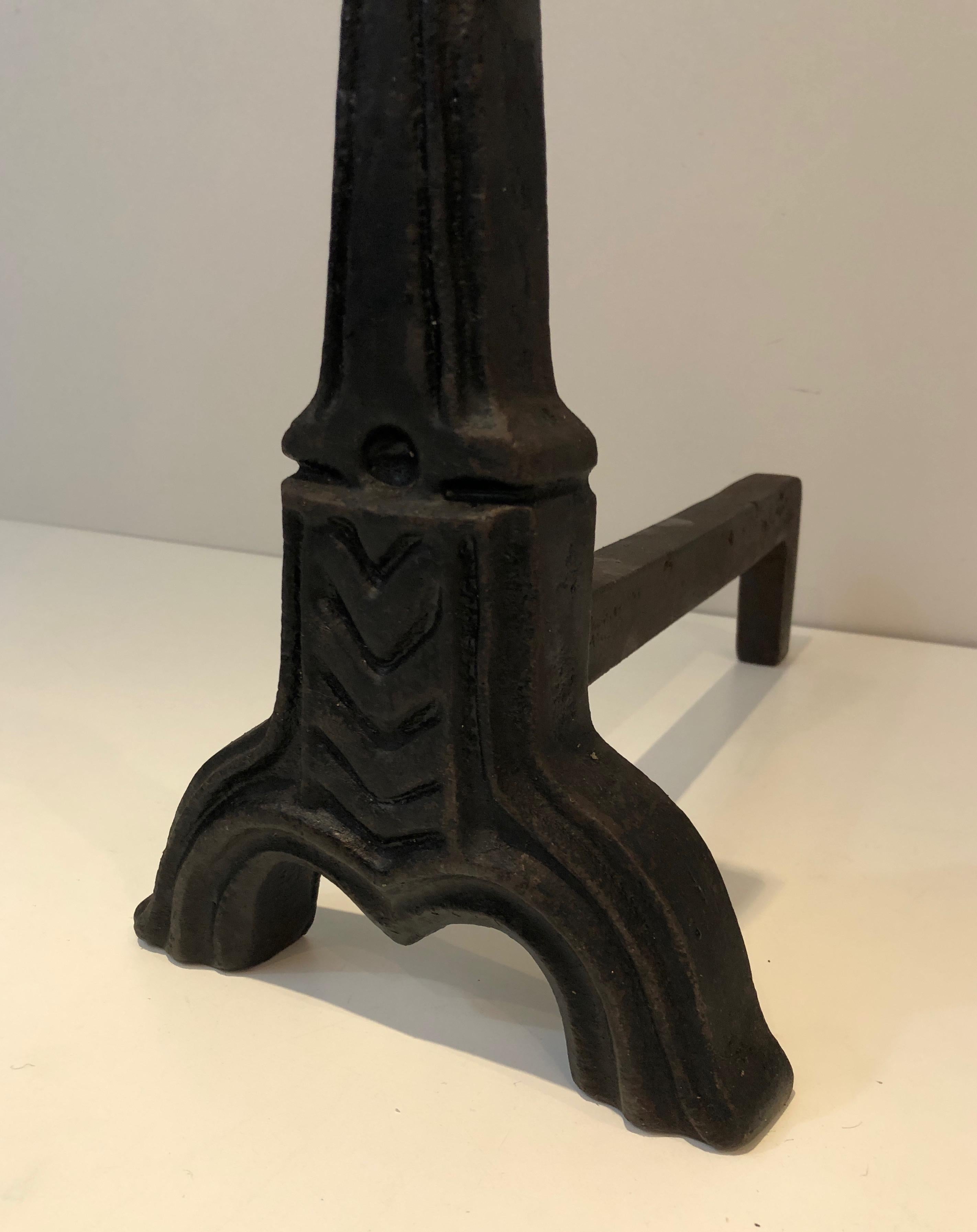 Pair of Gothic Style Cast Iron Andirons, French, circa 1950 3