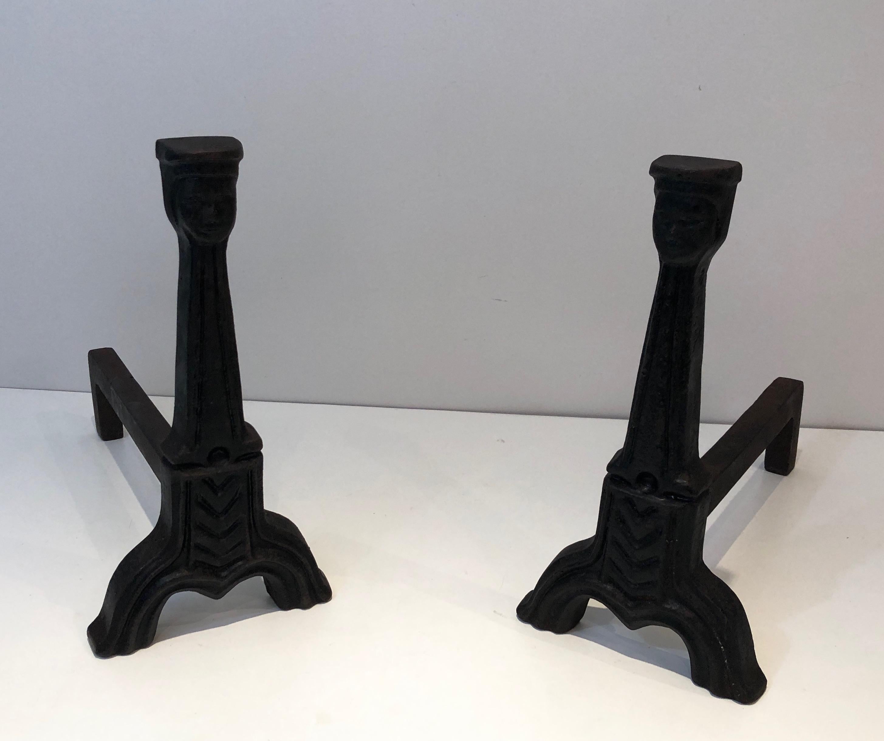 Pair of Gothic Style Cast Iron Andirons, French, circa 1950 5