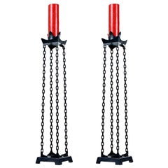 Retro Pair of Gothic Style Metal Chain Link Torchiere Candlestands