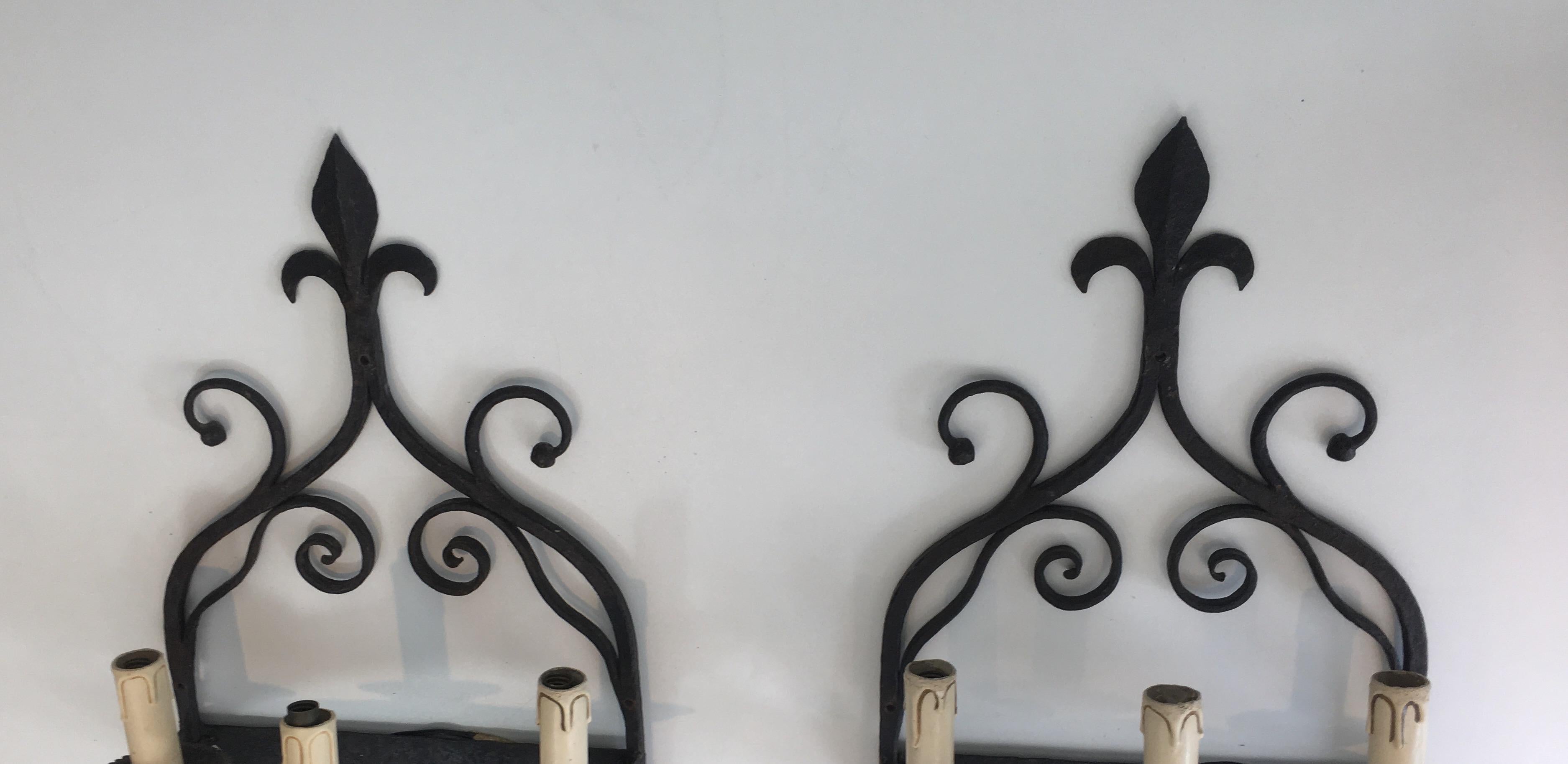 Pair of Gothic Style Wrought Iron Sconces, French, circa 1950 8