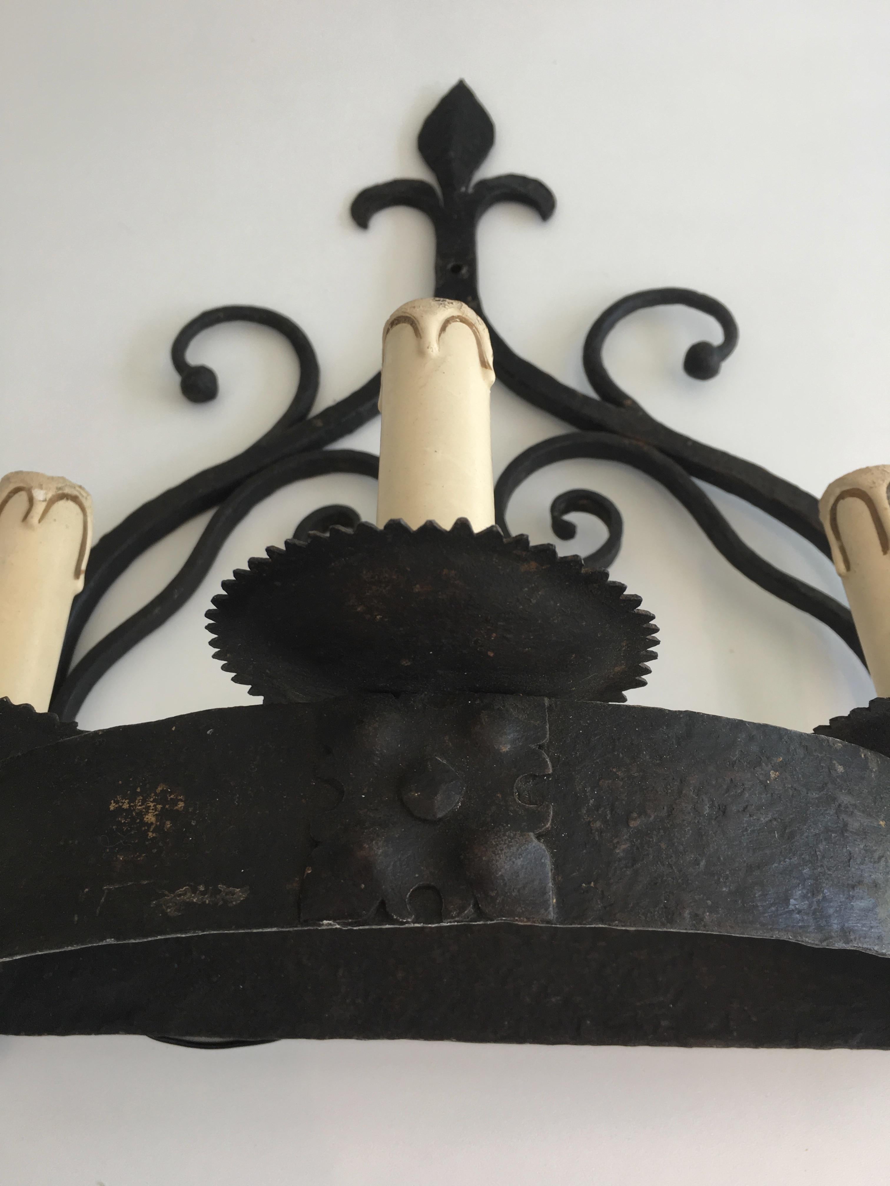 Pair of Gothic Style Wrought Iron Sconces, French, circa 1950 12