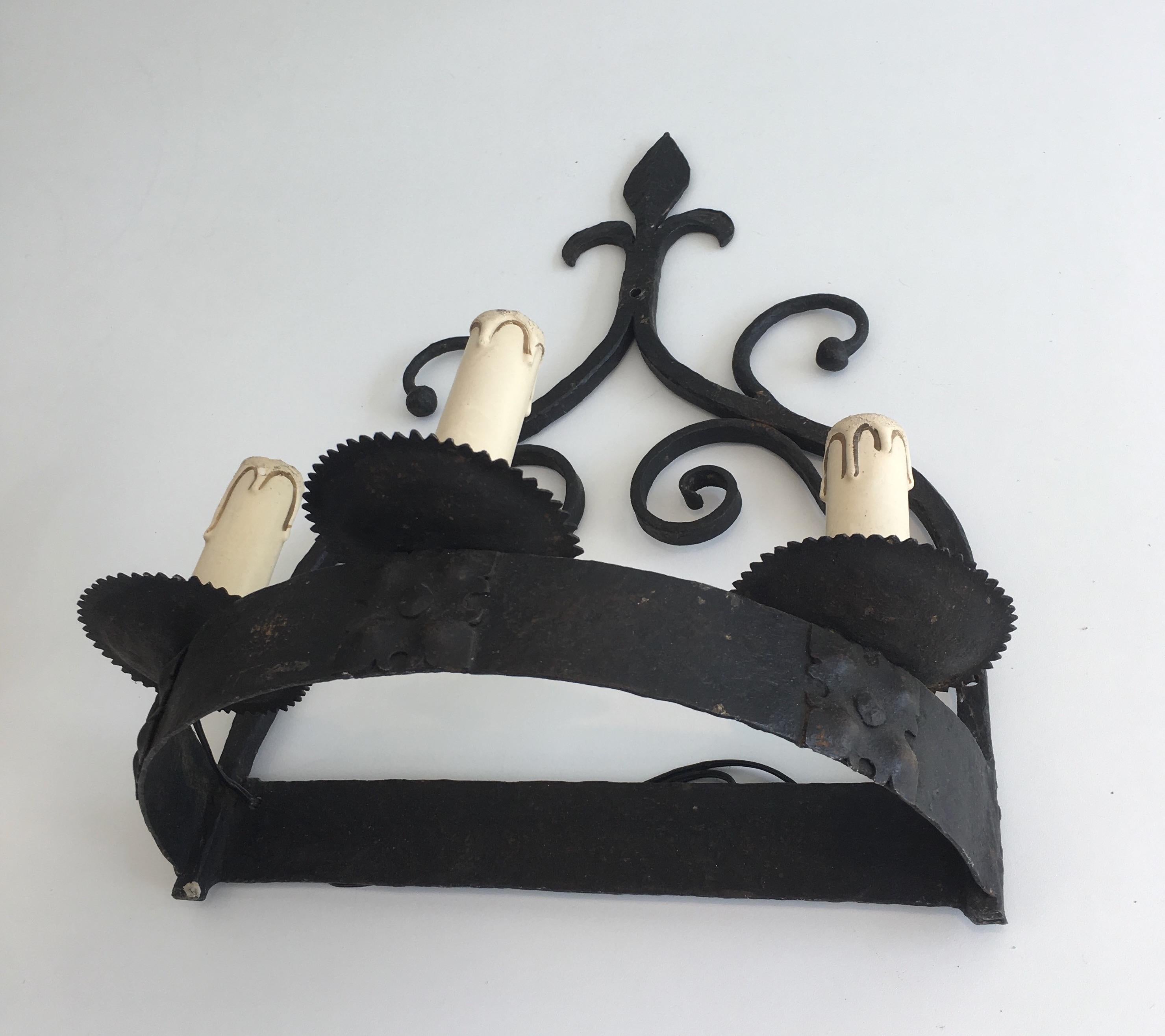 Pair of Gothic Style Wrought Iron Sconces, French, circa 1950 15