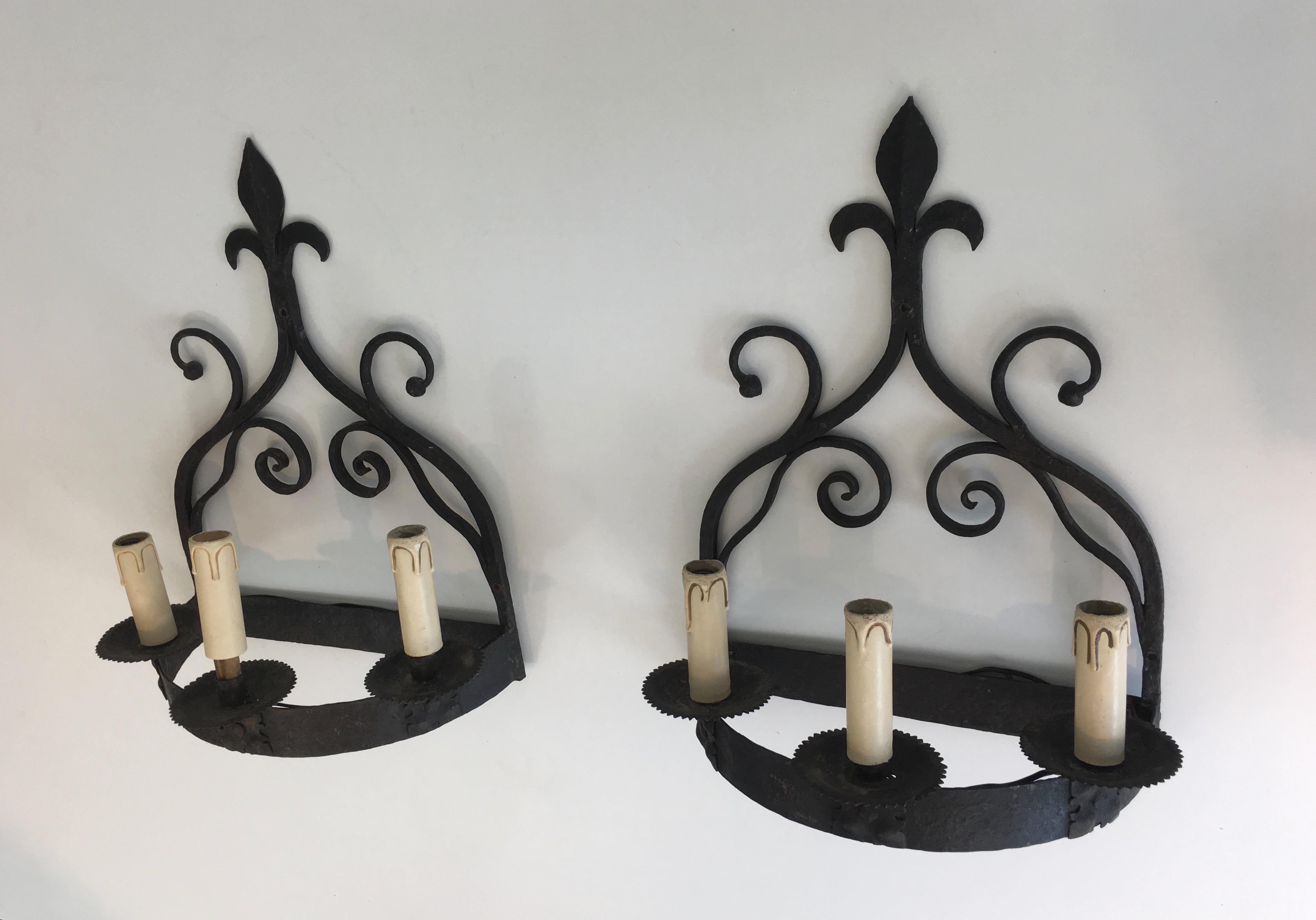 Pair of Gothic Style Wrought Iron Sconces, French, circa 1950 16