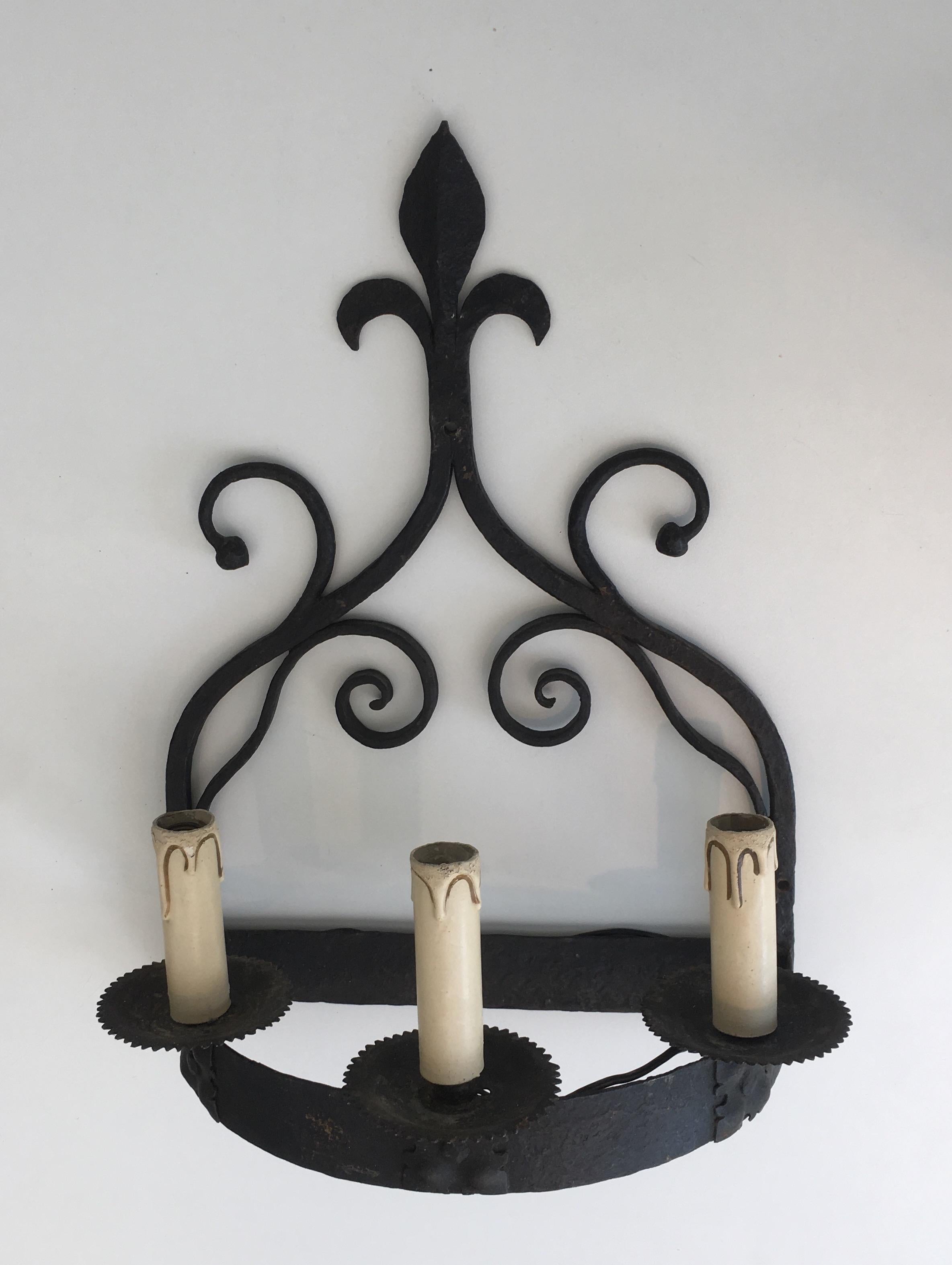 Pair of Gothic Style Wrought Iron Sconces, French, circa 1950 1