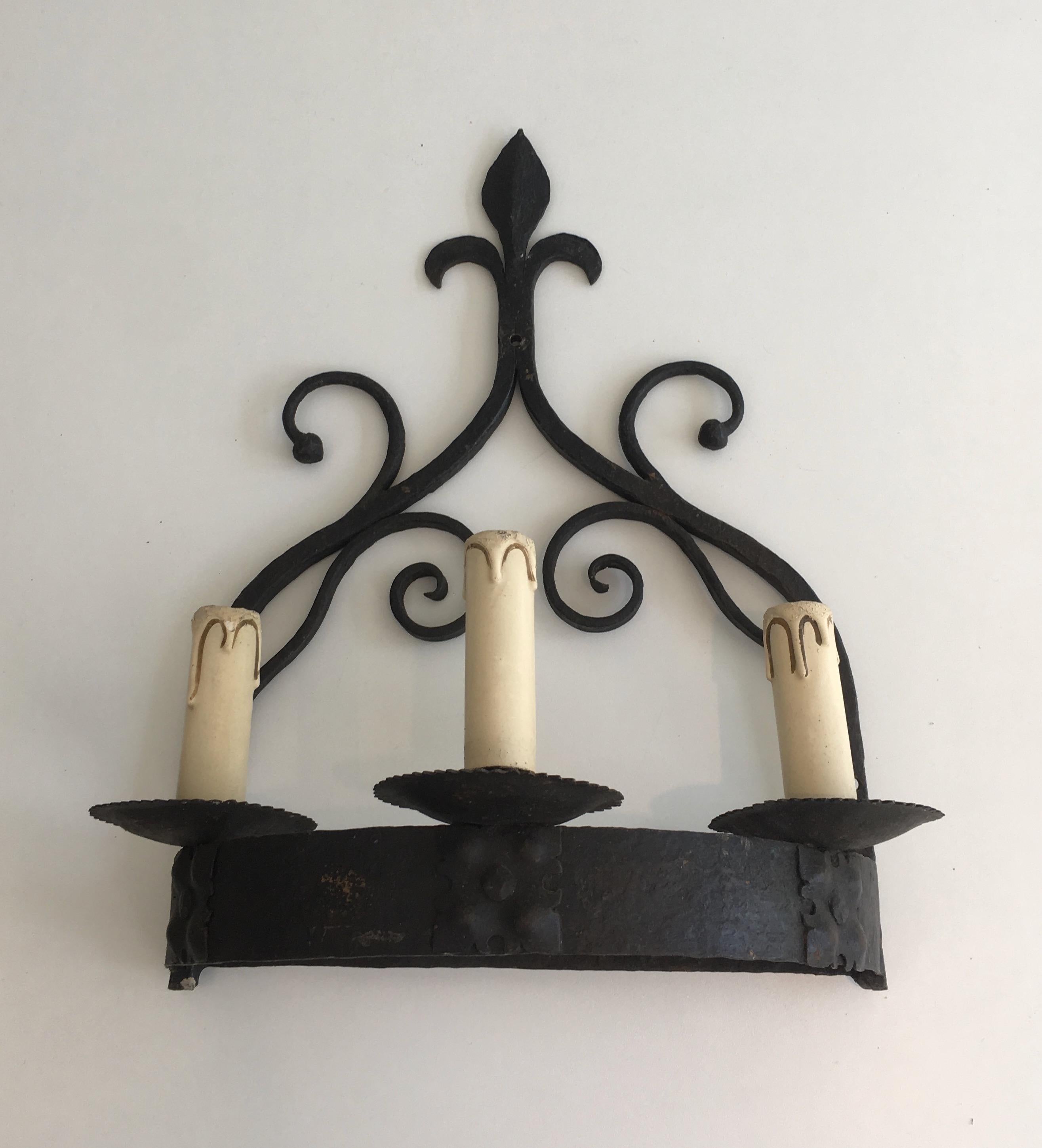 Pair of Gothic Style Wrought Iron Sconces, French, circa 1950 2