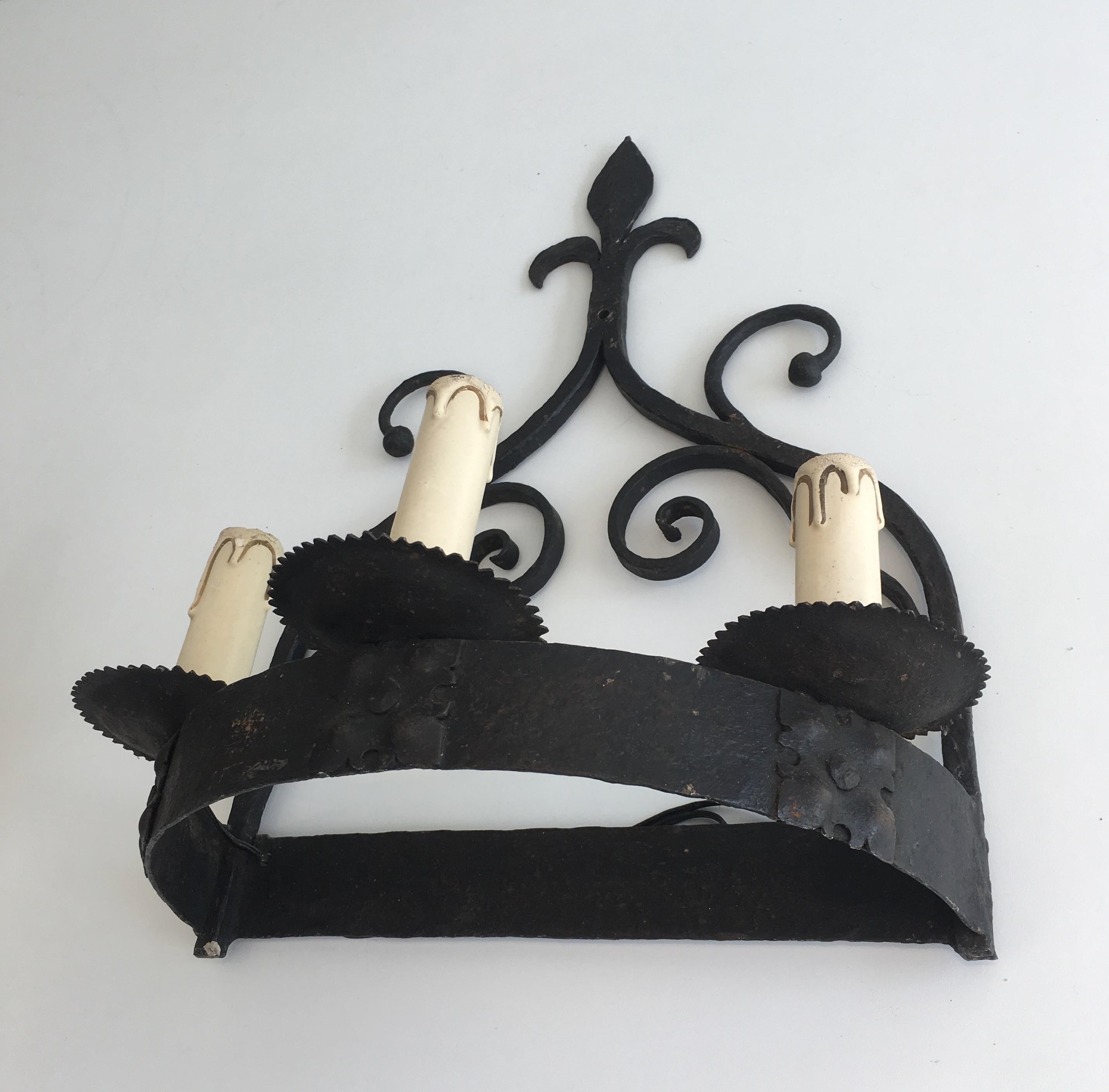 Pair of Gothic Style Wrought Iron Sconces, French, circa 1950 3