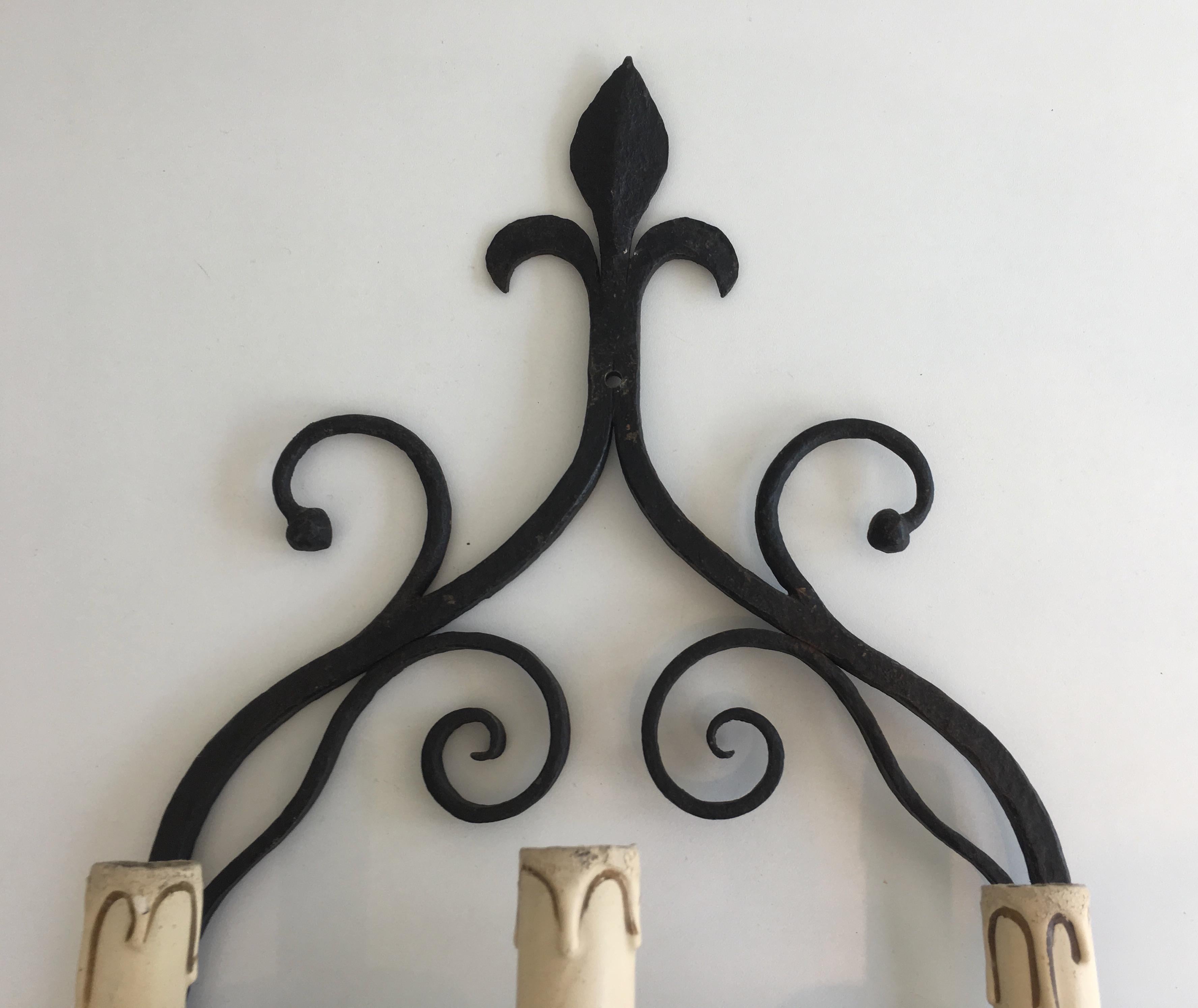 Pair of Gothic Style Wrought Iron Sconces, French, circa 1950 4