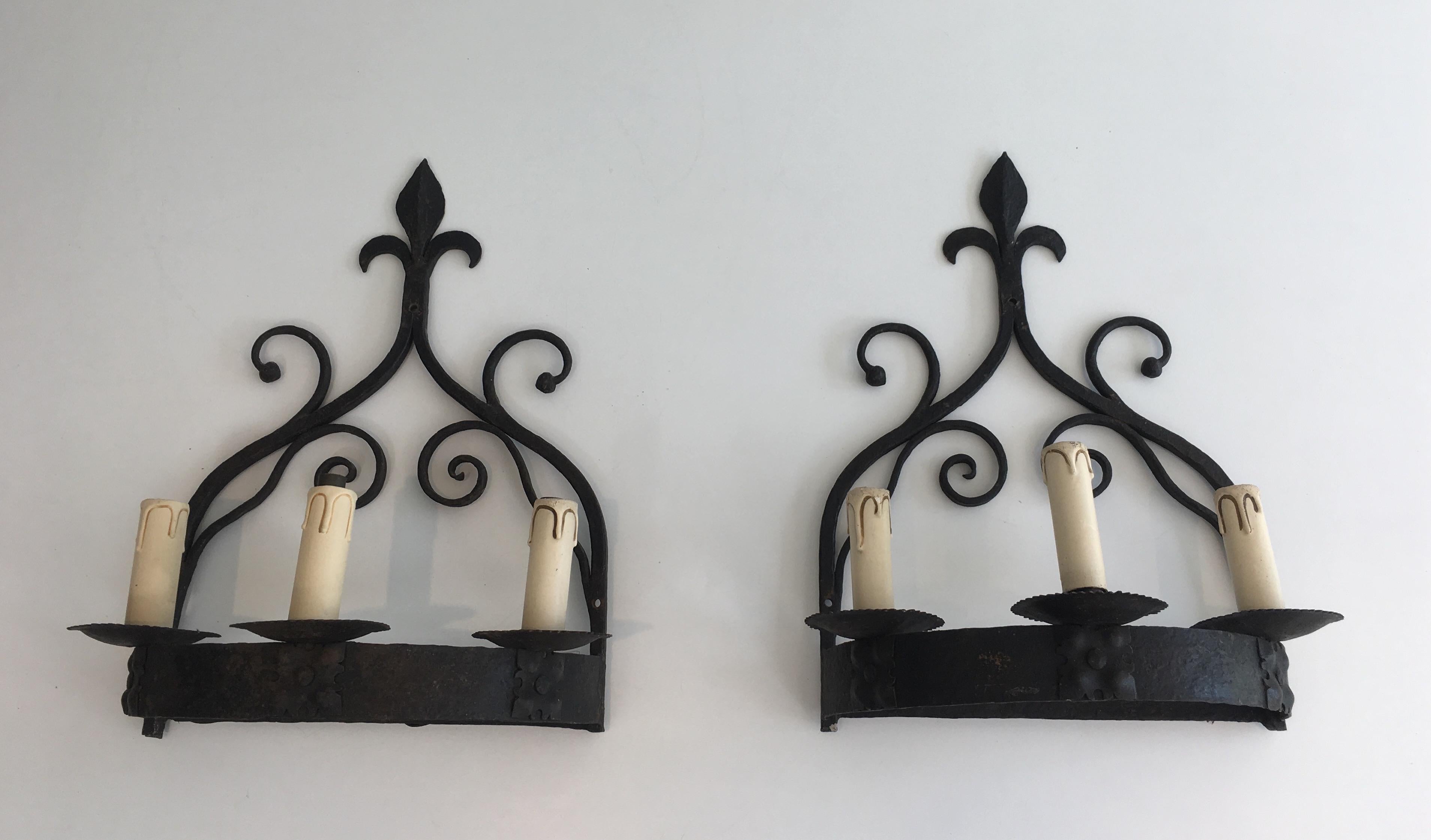 Pair of Gothic Style Wrought Iron Sconces, French, circa 1950 5