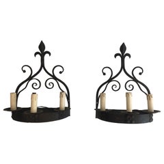 Pair of Gothic Style Wrought Iron Sconces, French, circa 1950