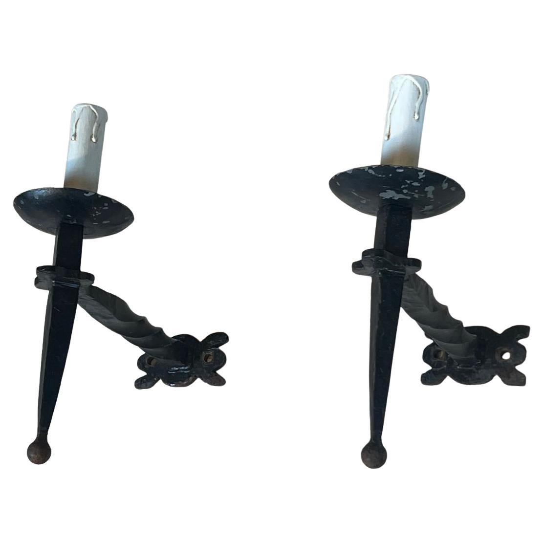 Pair of Gothic Style Wrought Iron Wall Lights, c.1940 For Sale