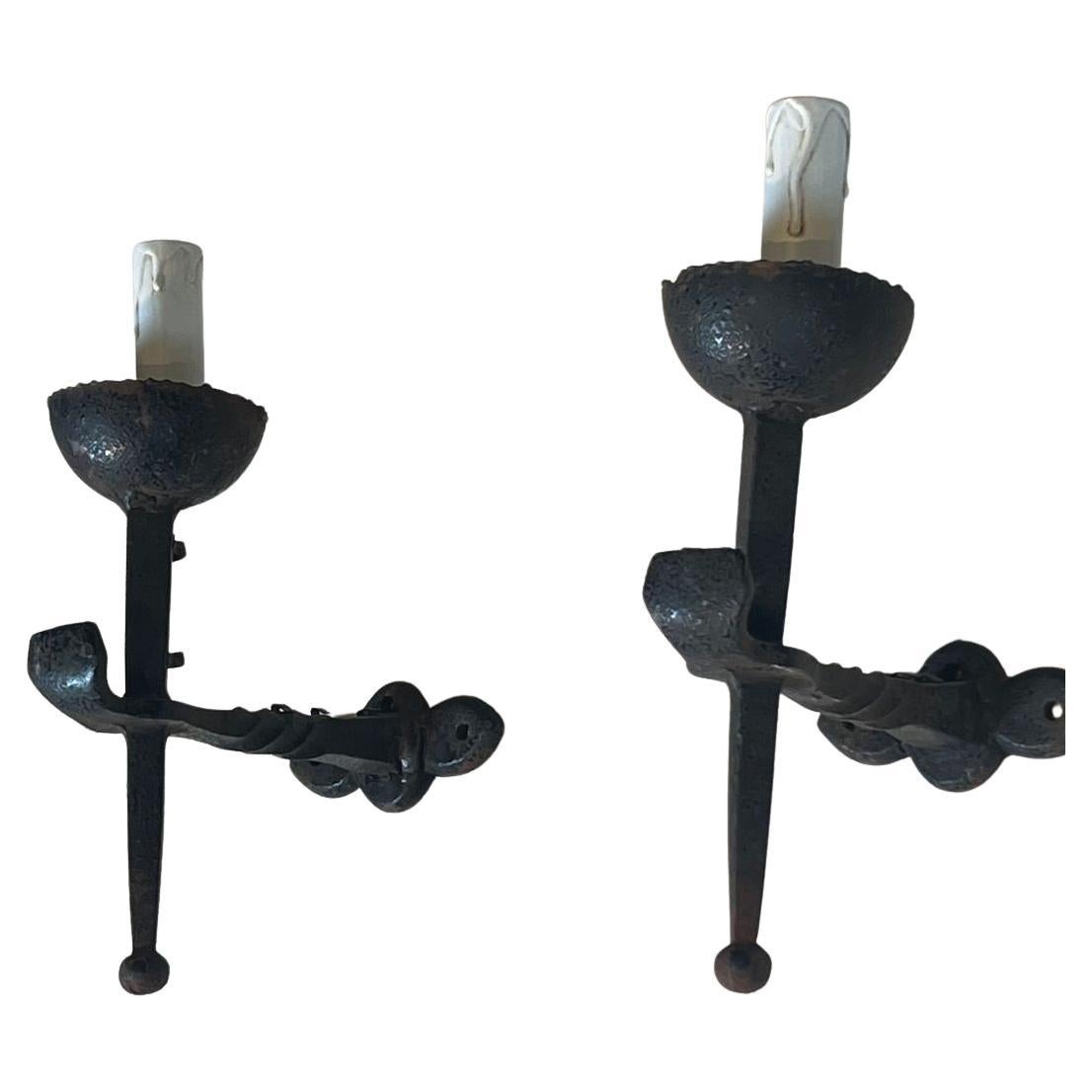Pair of Gothic Style Wrought Iron Wall Lights, circa 1940