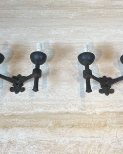 Pair of Gothic Style Wrought Iron Wall Lights with 2 Arms, circa 1940