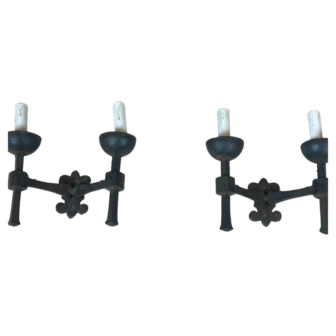 Pair of Gothic Style Wrought Iron Wall Lights with 2 Arms, circa 1940