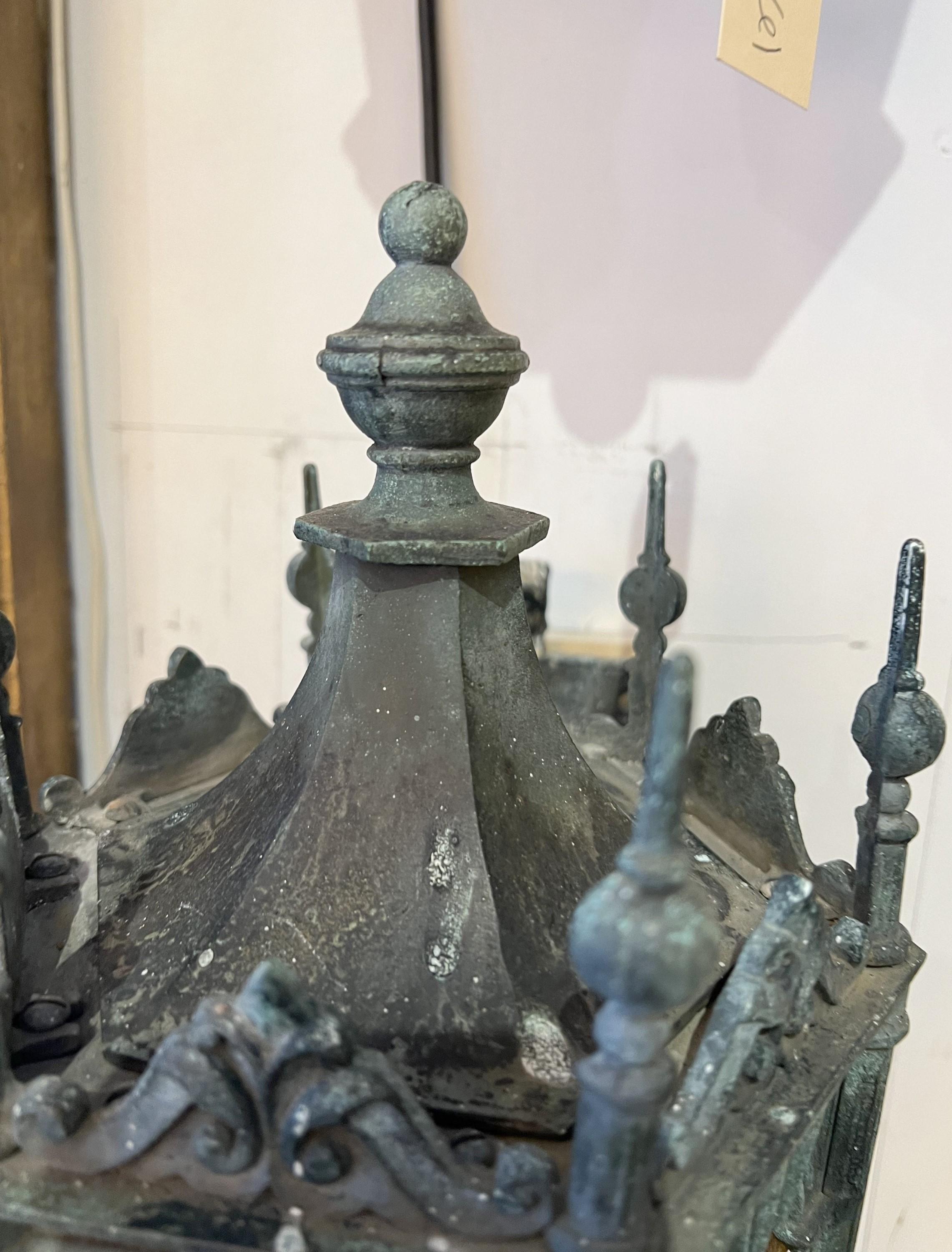 Pair Gothic Tudor Bronze Lantern Sconces Textured Amber Glass  4