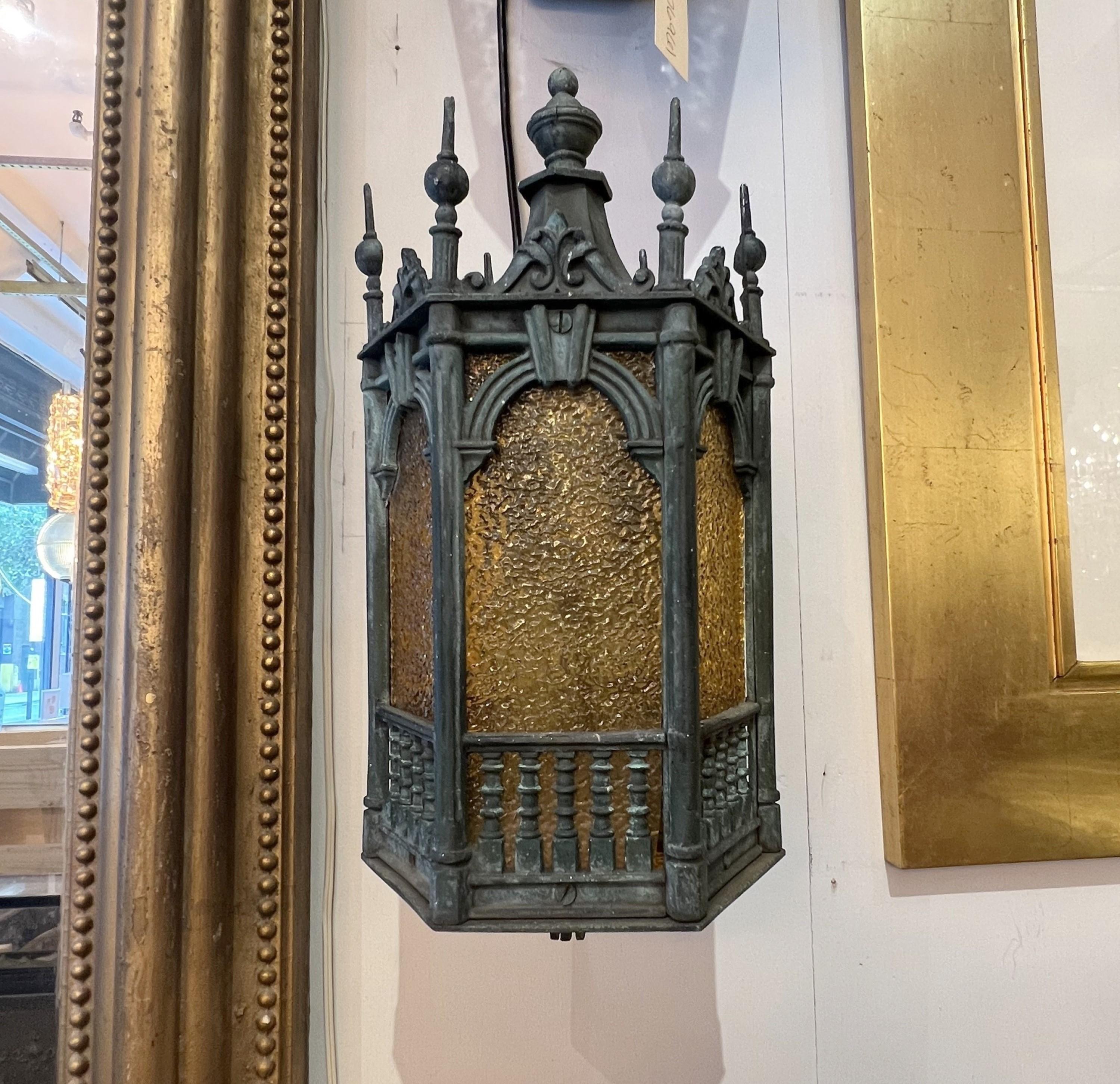 Pair Gothic Tudor Bronze Lantern Sconces Textured Amber Glass  6