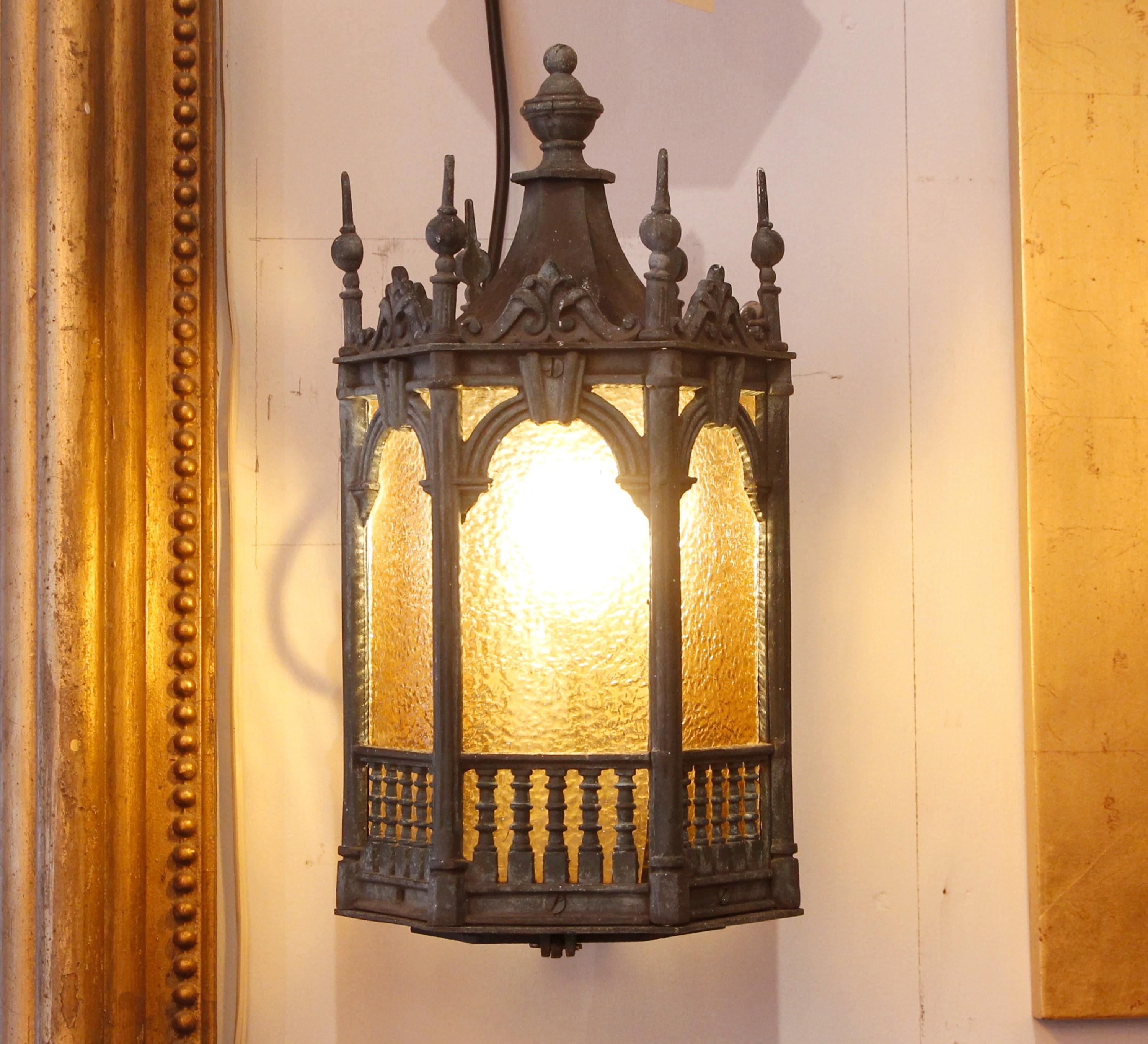 American Pair Gothic Tudor Bronze Lantern Sconces Textured Amber Glass 