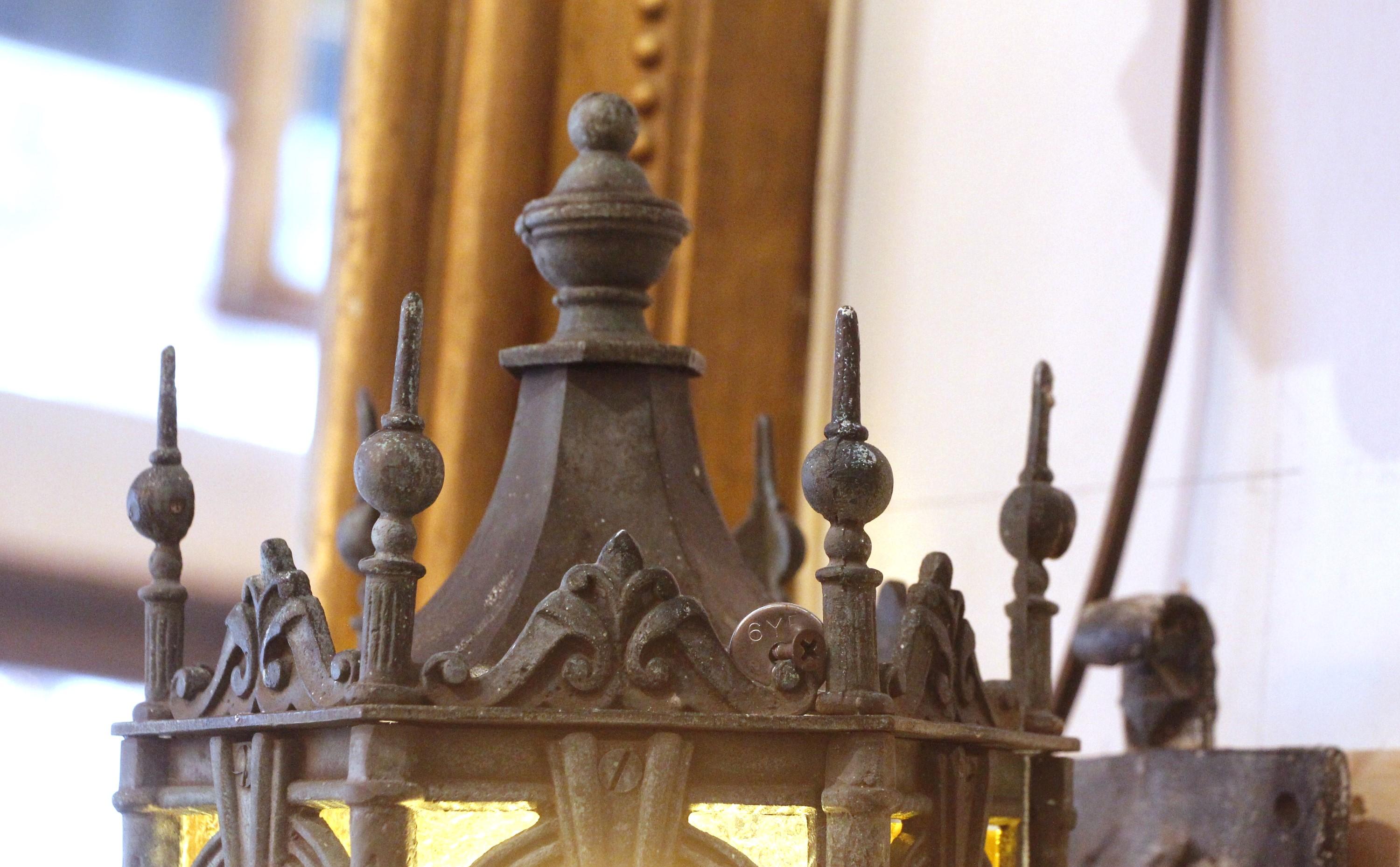 20th Century Pair Gothic Tudor Bronze Lantern Sconces Textured Amber Glass 