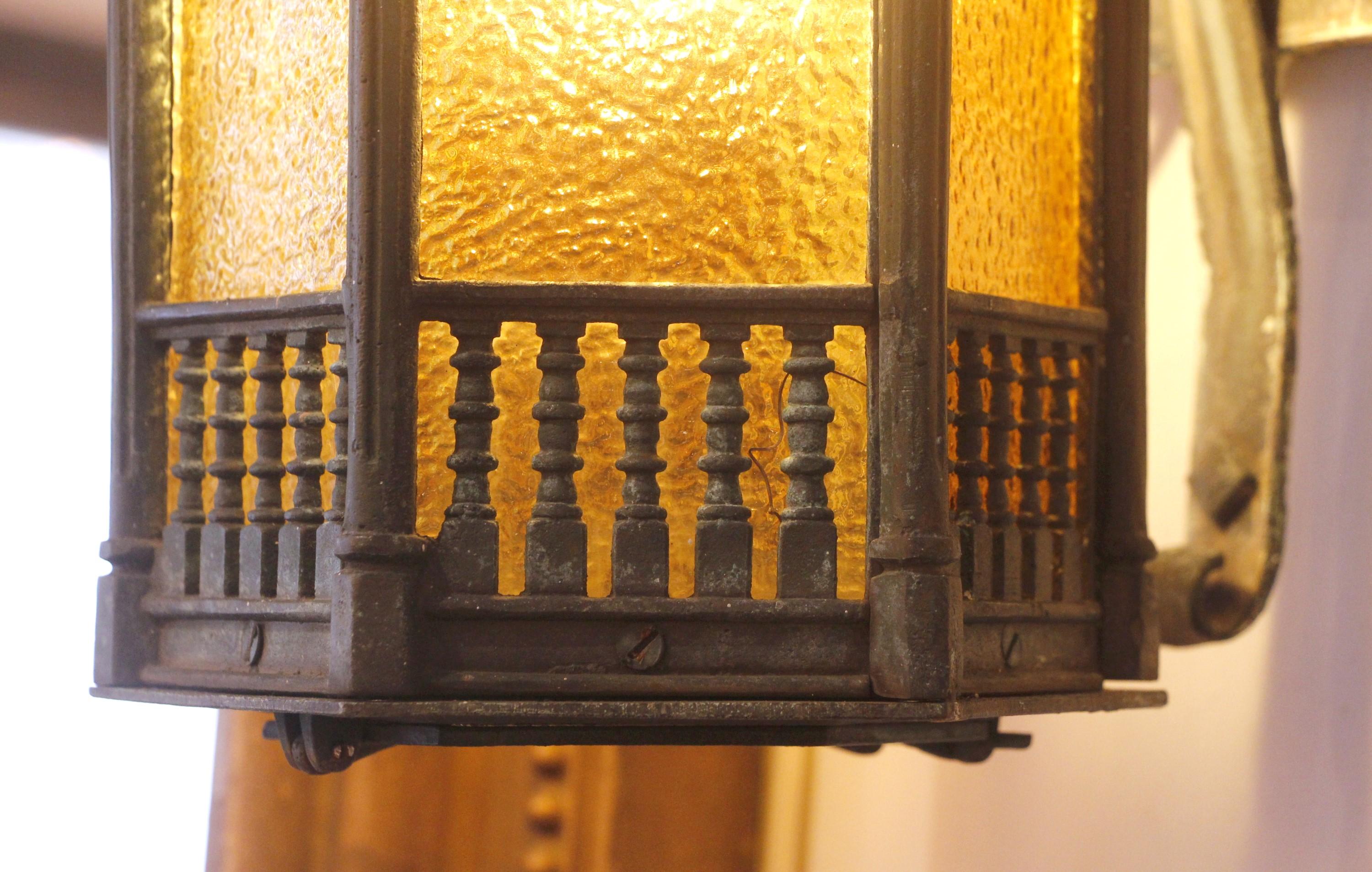 Copper Pair Gothic Tudor Bronze Lantern Sconces Textured Amber Glass 