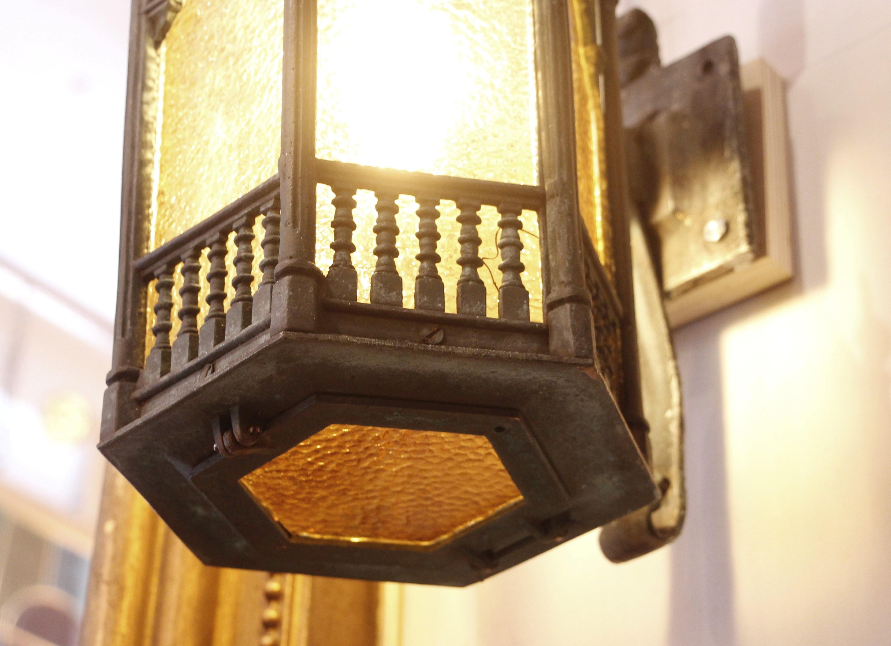 Pair Gothic Tudor Bronze Lantern Sconces Textured Amber Glass  1