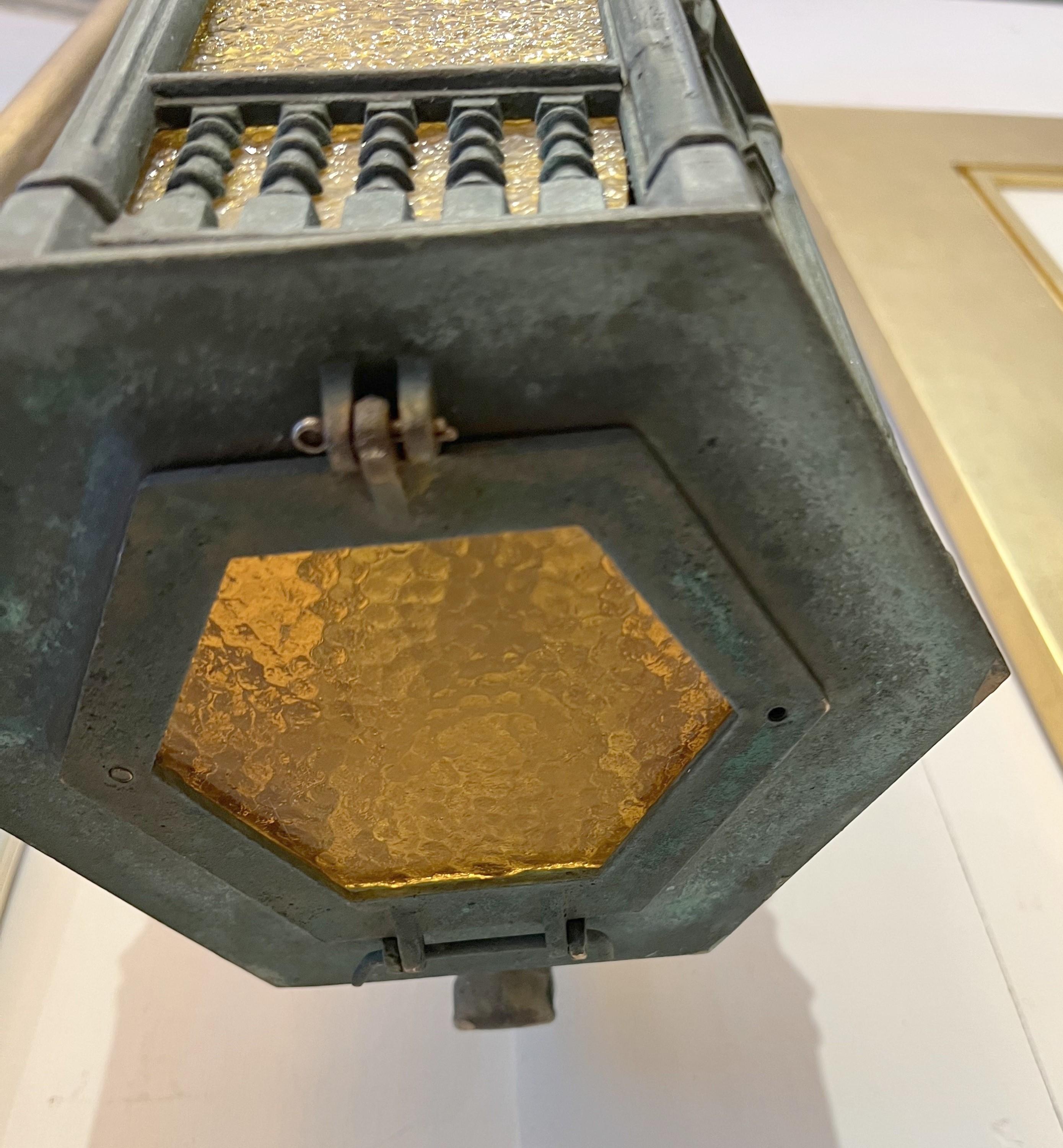 Pair Gothic Tudor Bronze Lantern Sconces Textured Amber Glass  3