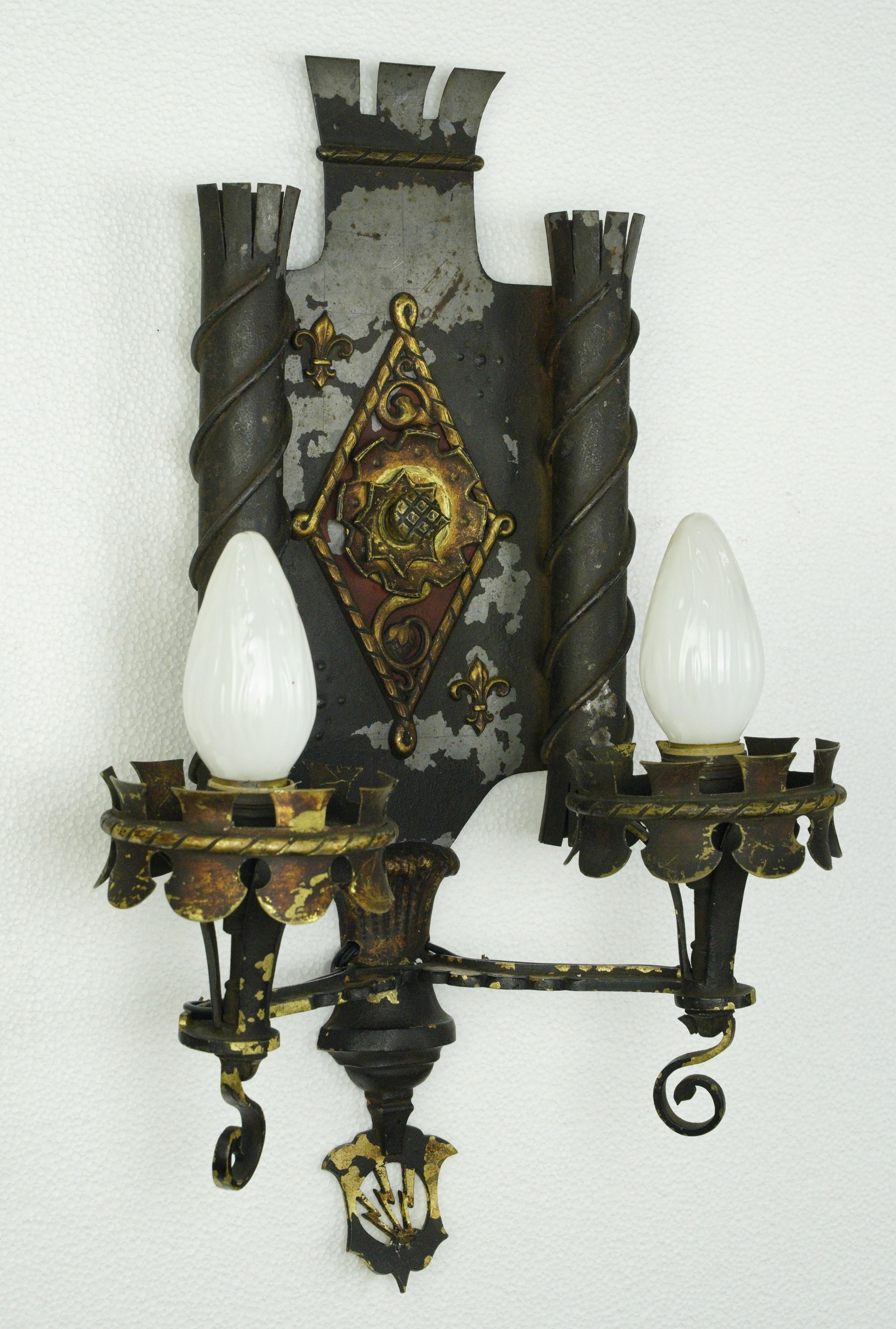 Pair of Gothic Wrought Iron & Bronze 2 Arm Wall Sconces For Sale 5