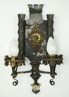 Pair of Gothic Wrought Iron & Bronze 2 Arm Wall Sconces