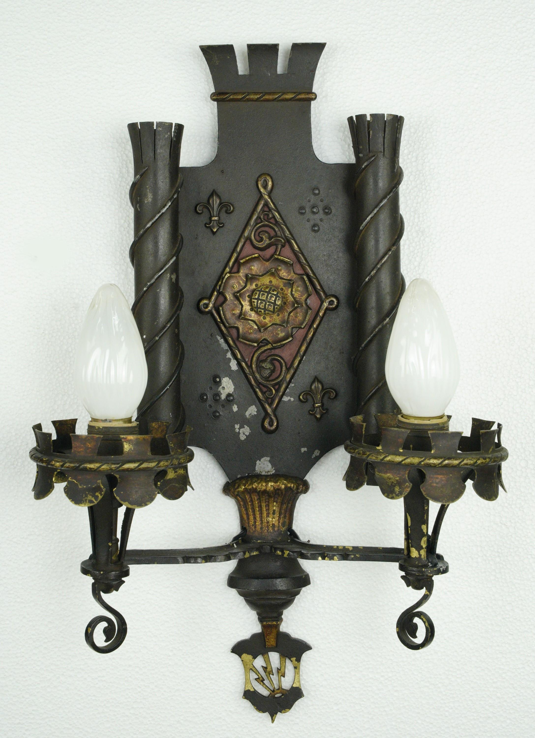 American Pair of Gothic Wrought Iron & Bronze 2 Arm Wall Sconces For Sale