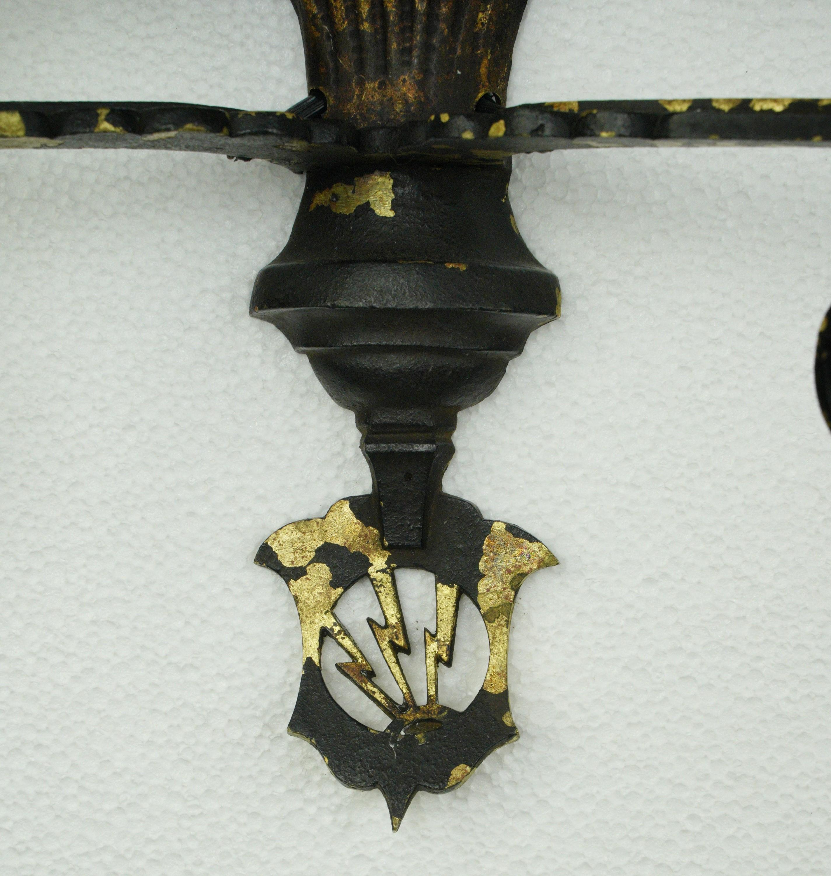 Pair of Gothic Wrought Iron & Bronze 2 Arm Wall Sconces In Good Condition For Sale In New York, NY