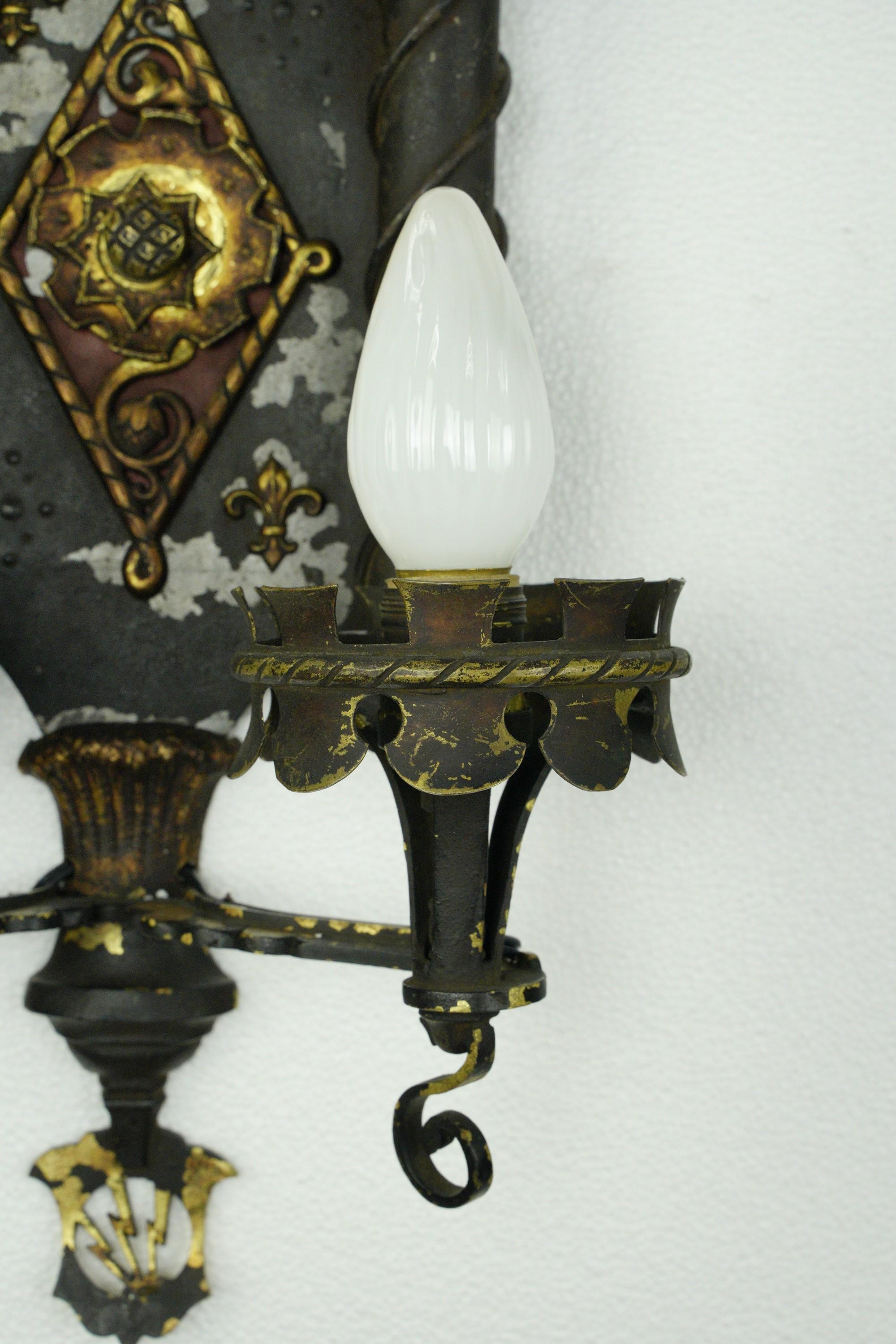 Pair of Gothic Wrought Iron & Bronze 2 Arm Wall Sconces For Sale 2