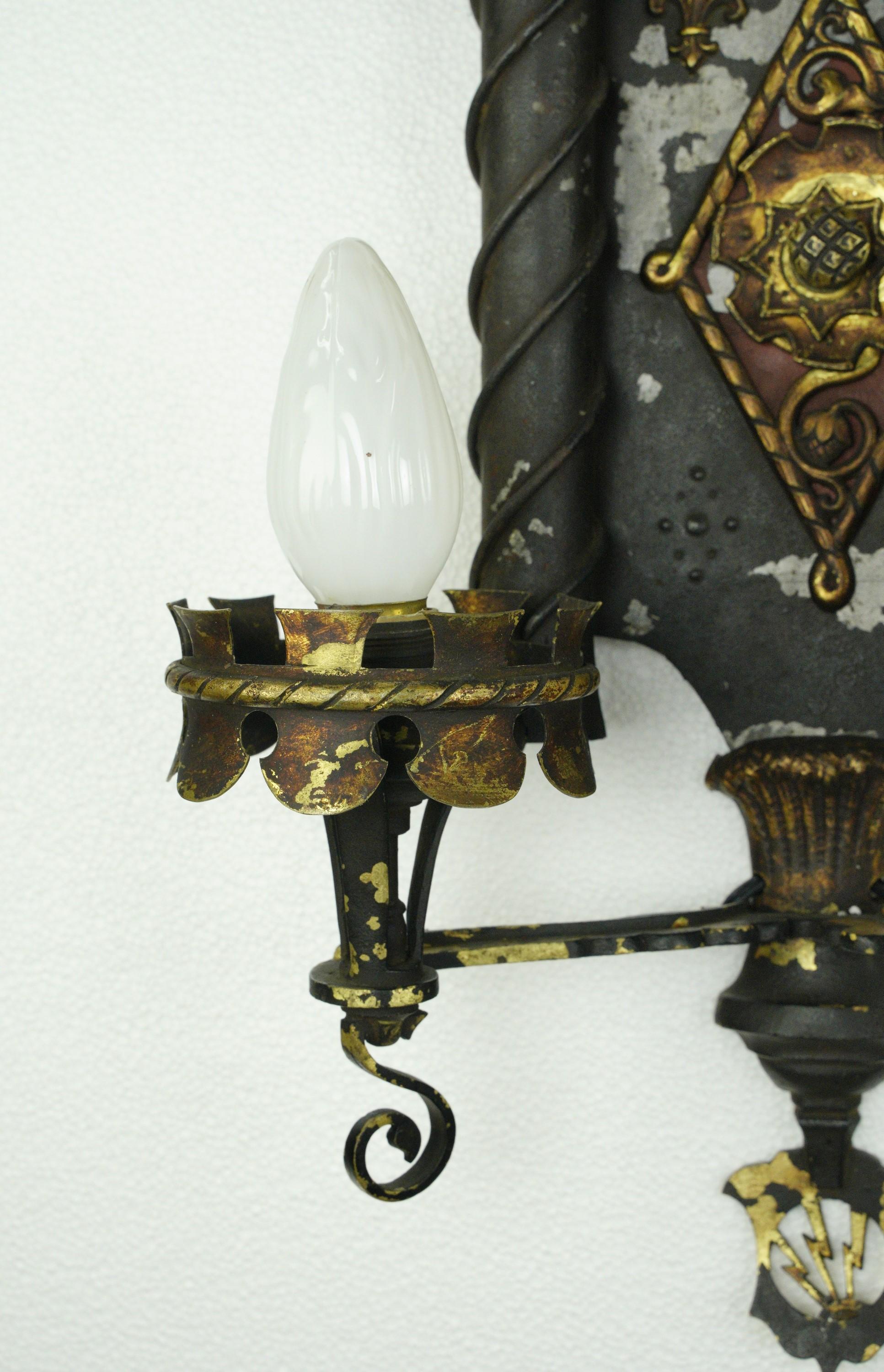 Pair of Gothic Wrought Iron & Bronze 2 Arm Wall Sconces For Sale 3