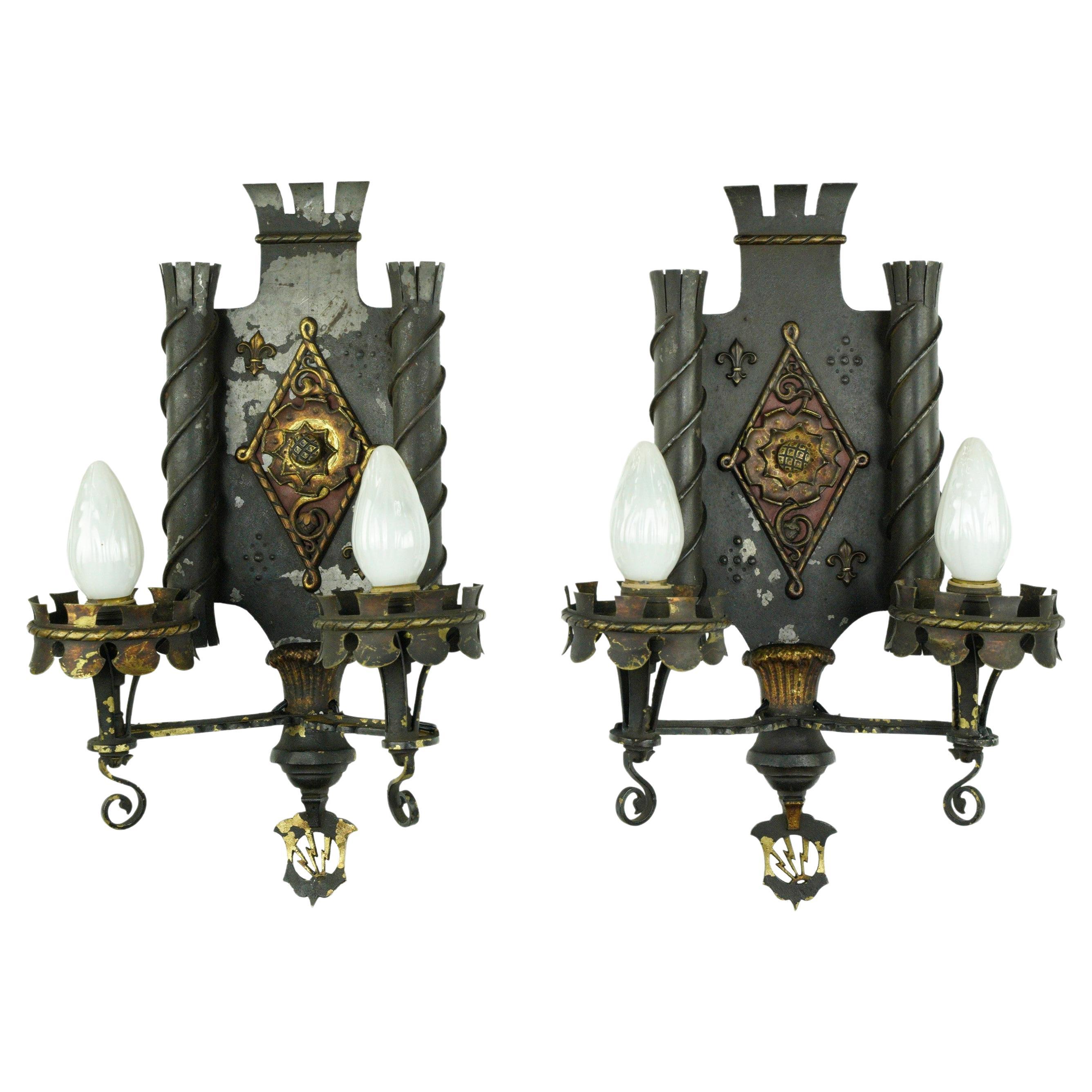 Pair of Gothic Wrought Iron & Bronze 2 Arm Wall Sconces For Sale
