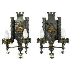 Antique Pair of Gothic Wrought Iron & Bronze 2 Arm Wall Sconces