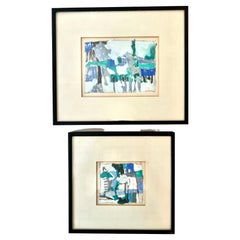 Coppia di opere d'arte astratte moderne con cornice in guazzo e acrilico