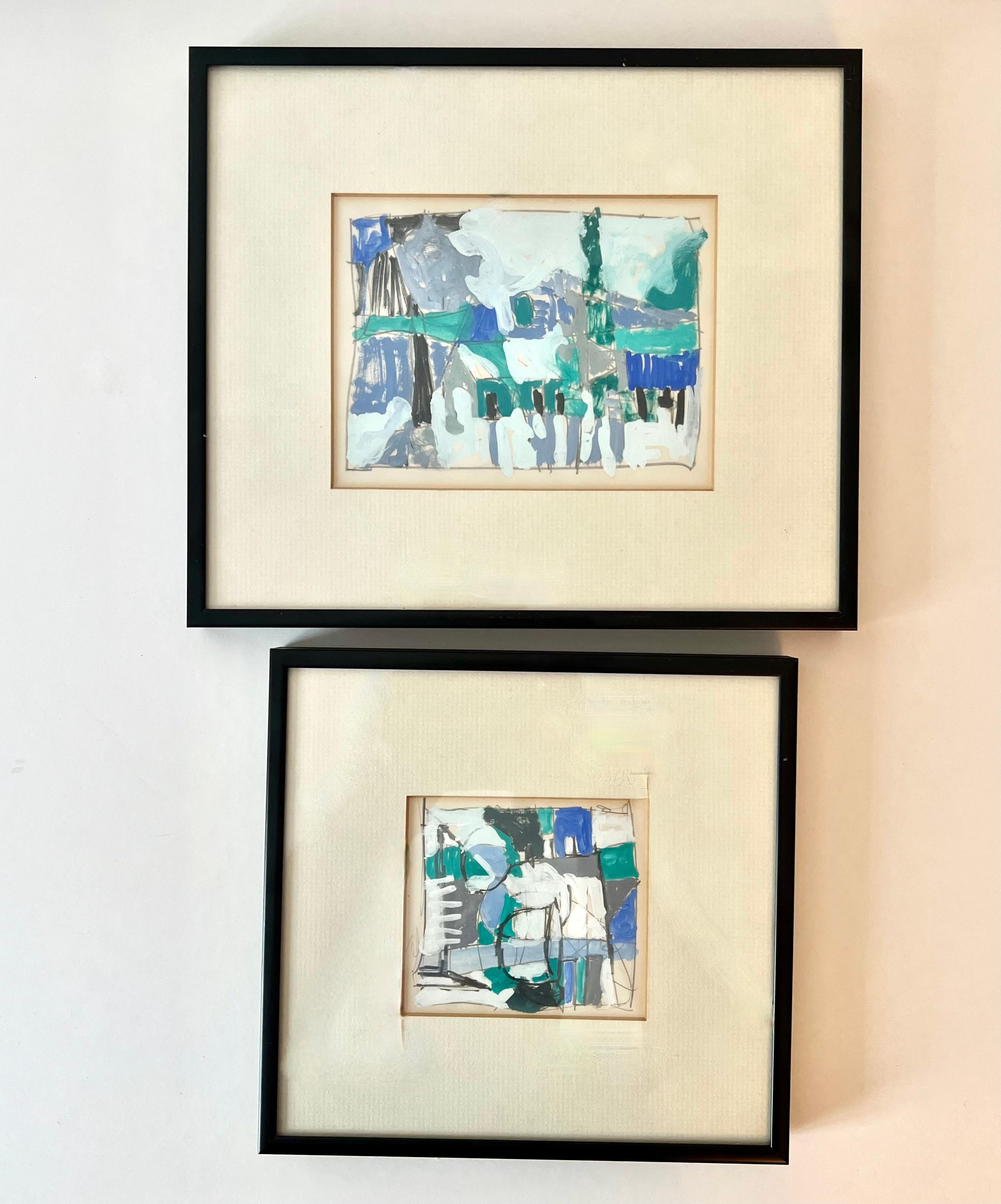 Hand-Painted Pair of Gouache and Acrylic Modern Abstract Framed Artwork For Sale