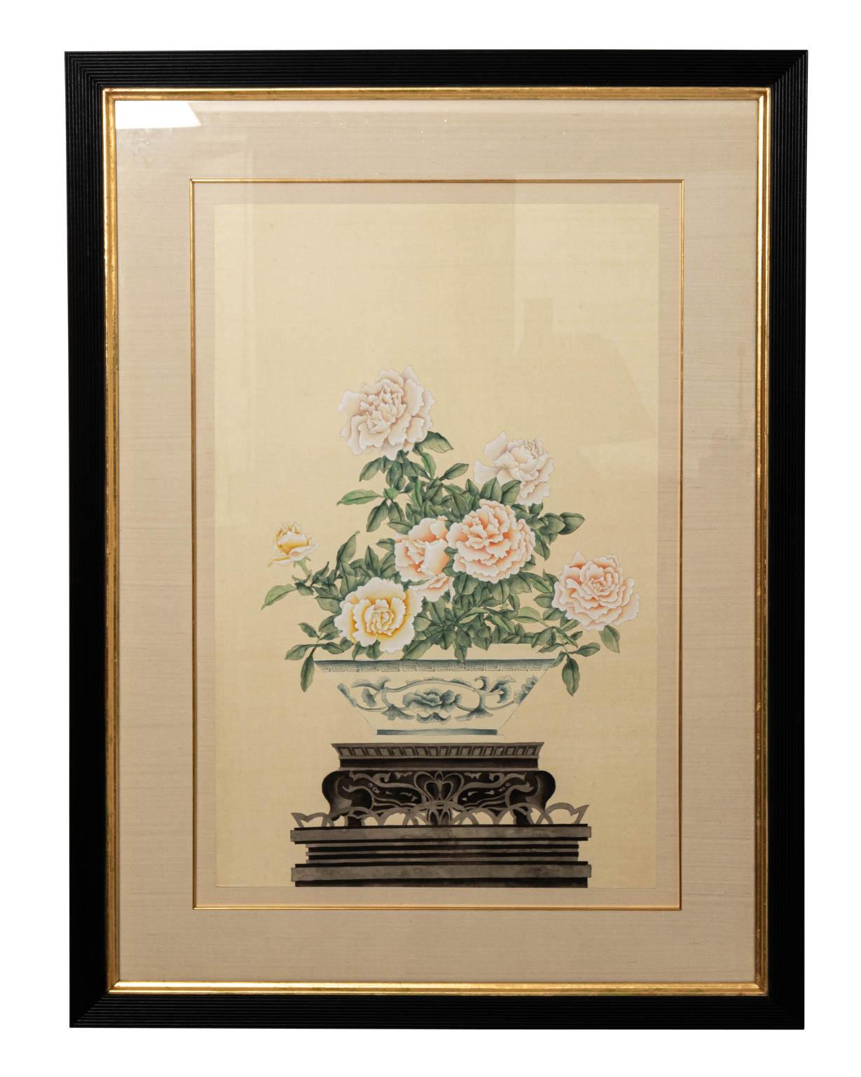 Late 20th Century Pair of Gouache Paintings of Peonies